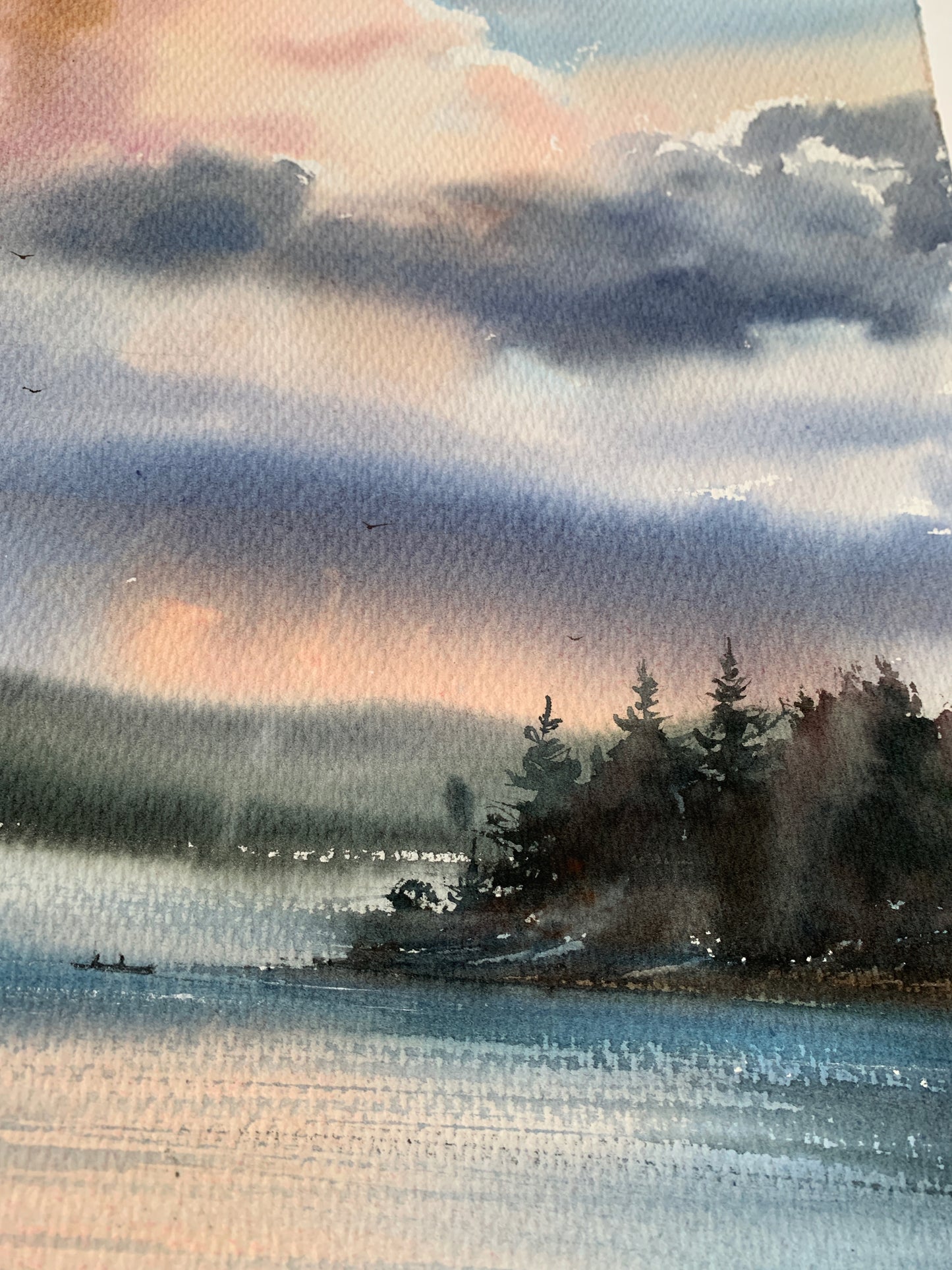 Painting Original Watercolor - Lake and clouds - 22 x 15 in