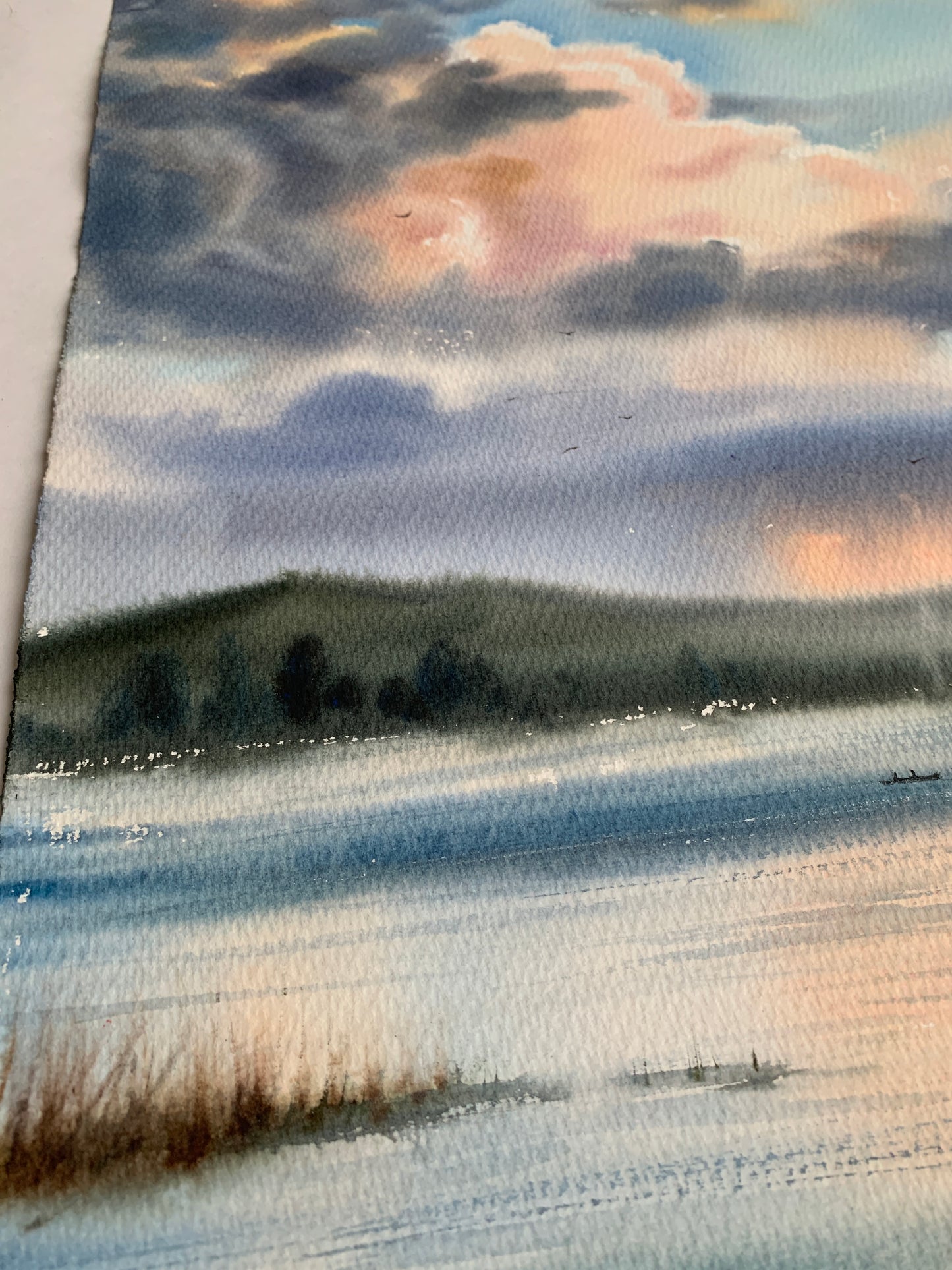 Painting Original Watercolor - Lake and clouds - 22 x 15 in