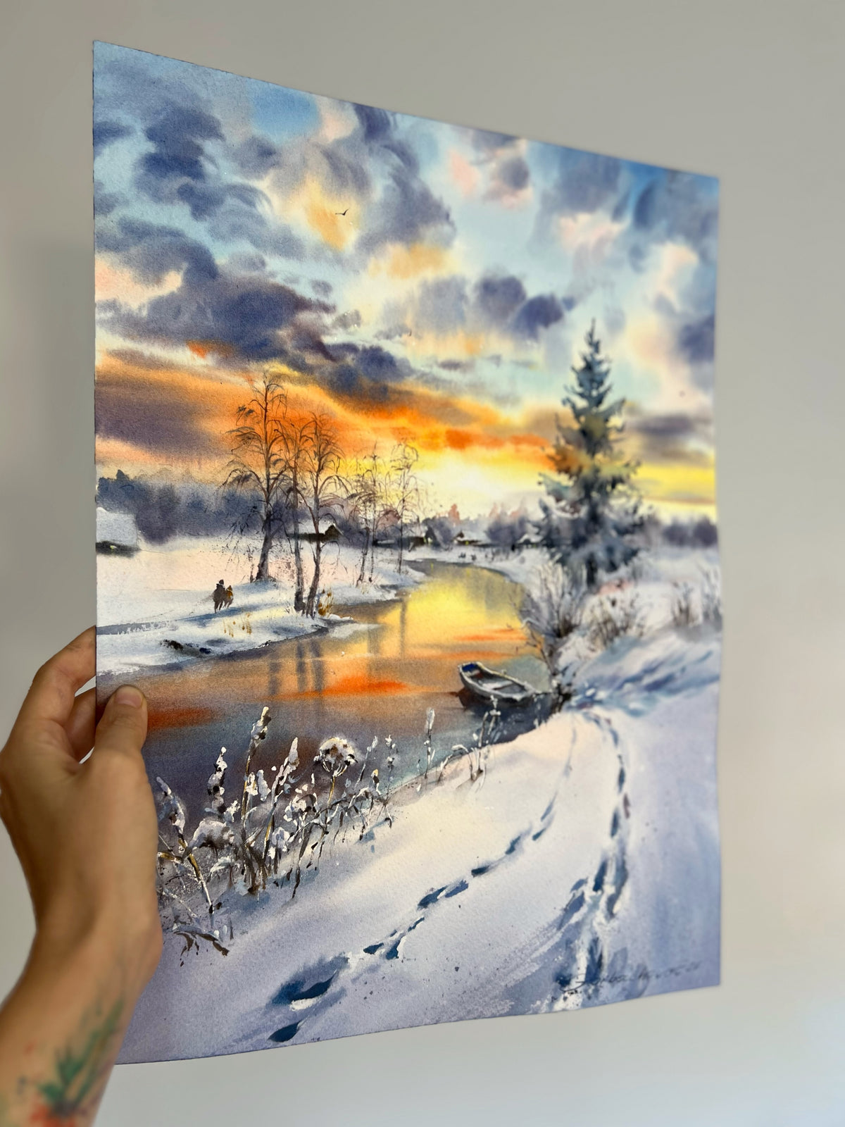 Winter River Watercolor Painting, Snowy Landscape Art, Winter's Golden Breath 12x16