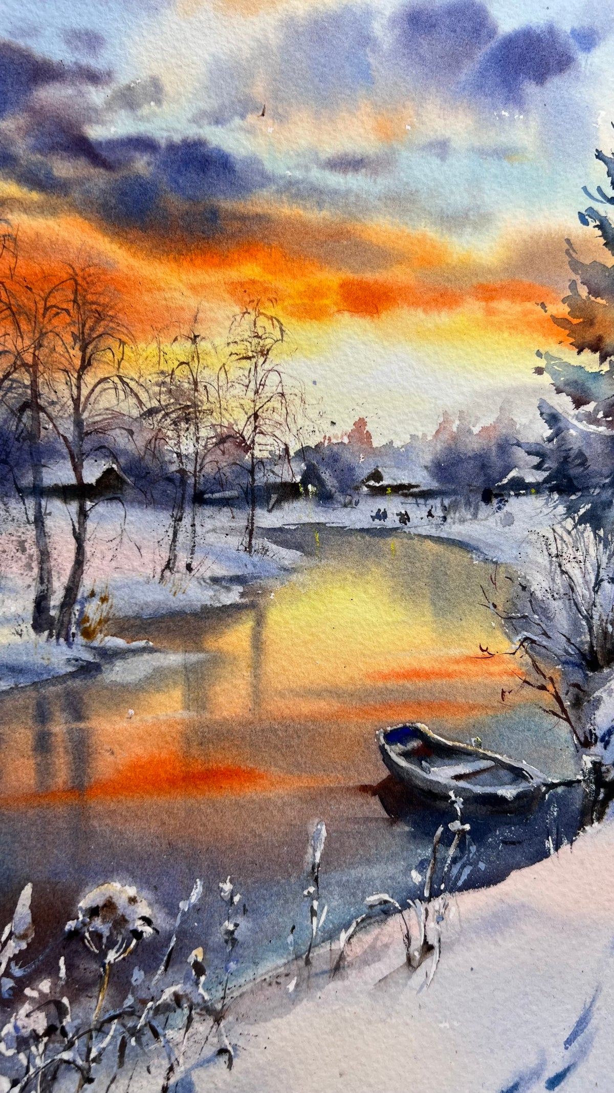 Winter River Watercolor Painting, Snowy Landscape Art, Winter's Golden Breath 12x16