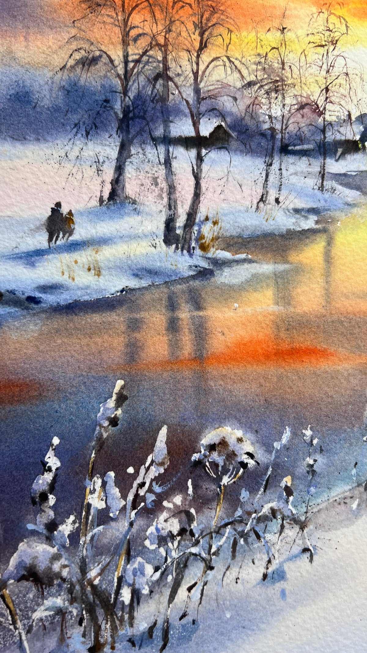 Winter River Watercolor Painting, Snowy Landscape Art, Winter's Golden Breath 12x16