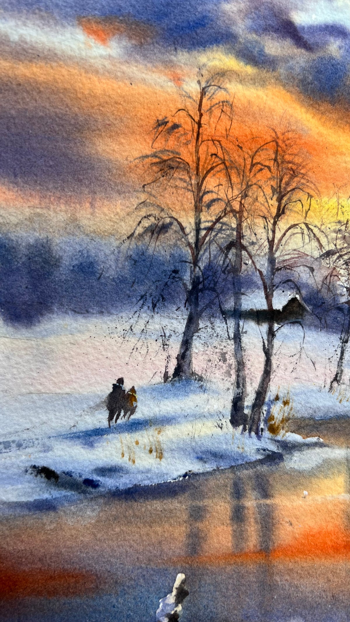 Winter River Watercolor Painting, Snowy Landscape Art, Winter's Golden Breath 12x16