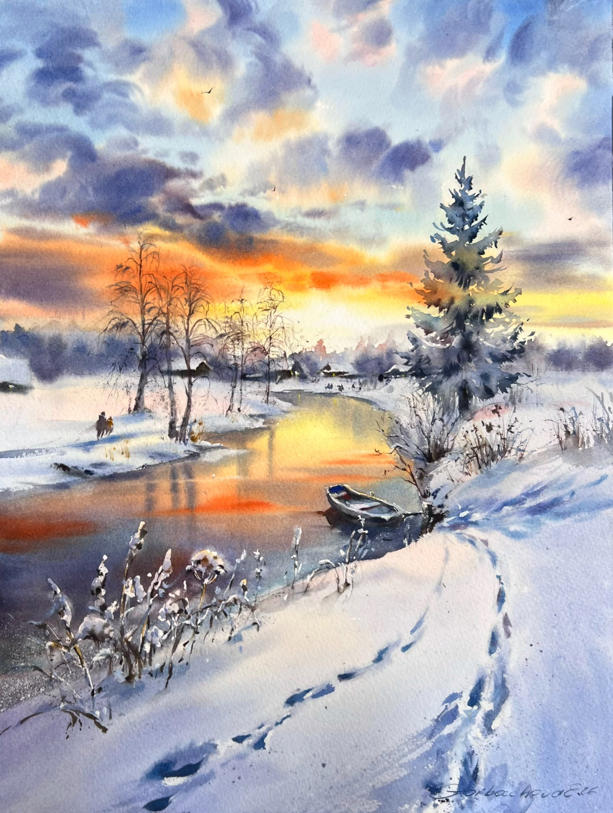 Winter River Watercolor Painting, Snowy Landscape Art, Winter's Golden Breath 12x16