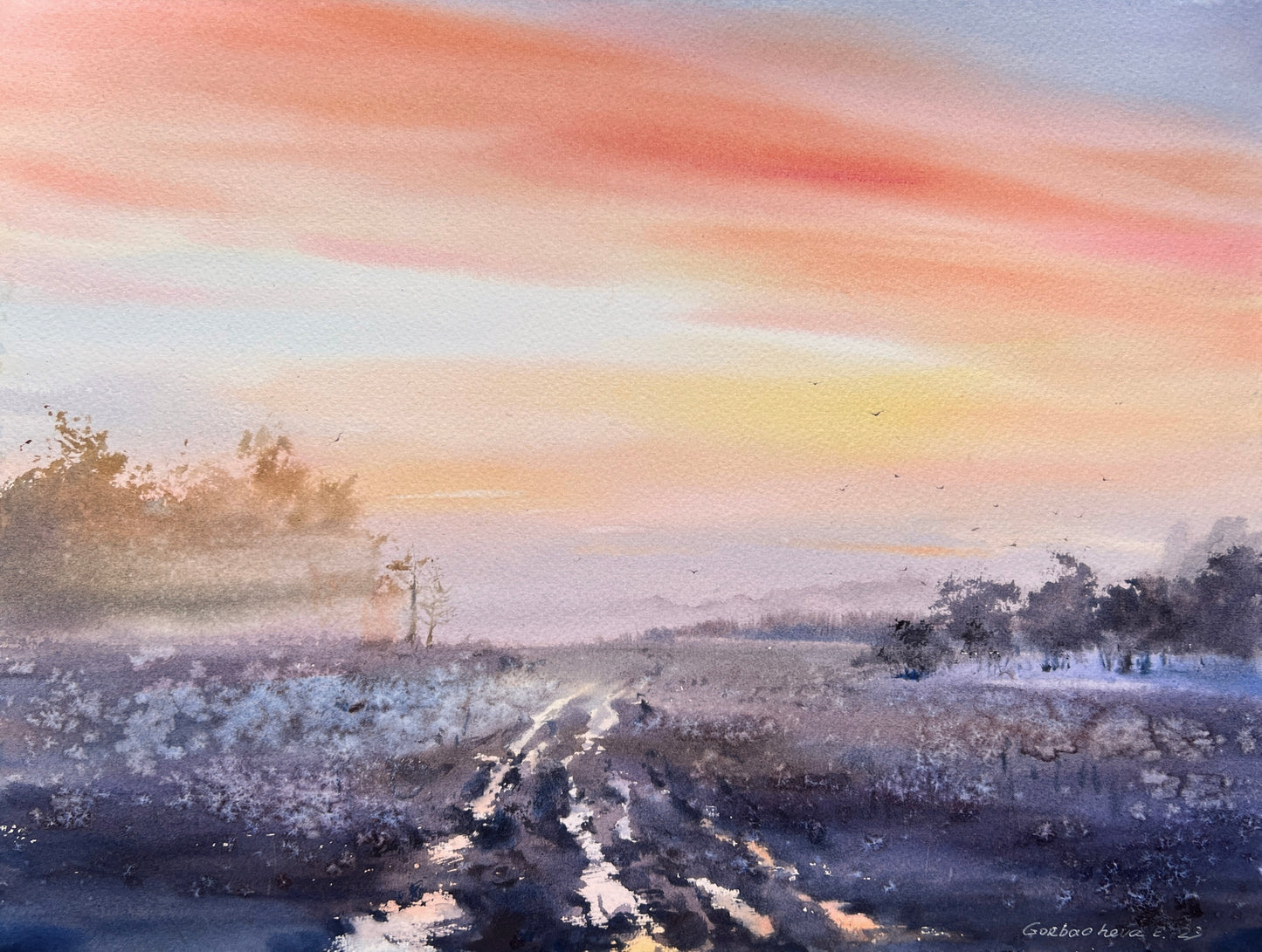 Sunset Landscape Painting Original Watercolor, Handmade Artwork For Home, Warming Decor, Gift, Foggy Morning
