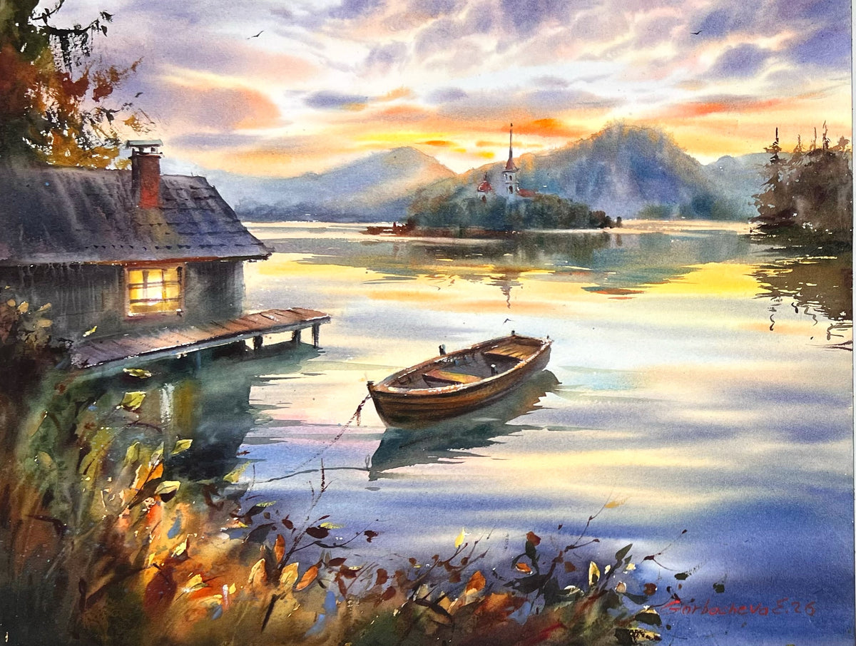 Acuarela de un lago al atardecer, arte original de un paisaje con barco, un barco solitario al atardecer 12x16