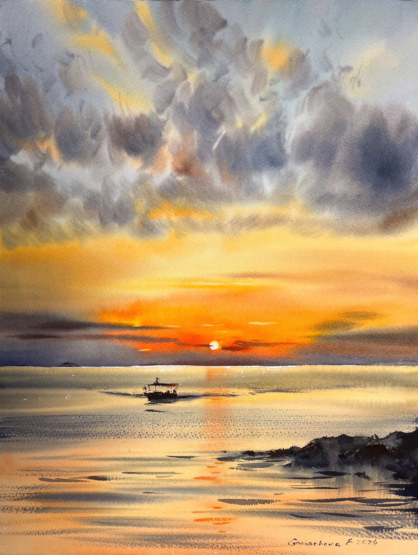 "Orange Sunset #25" Watercolor Painting - Serene Coastal Sunset Artwork, Great for Home Decor or Anniversary Gift