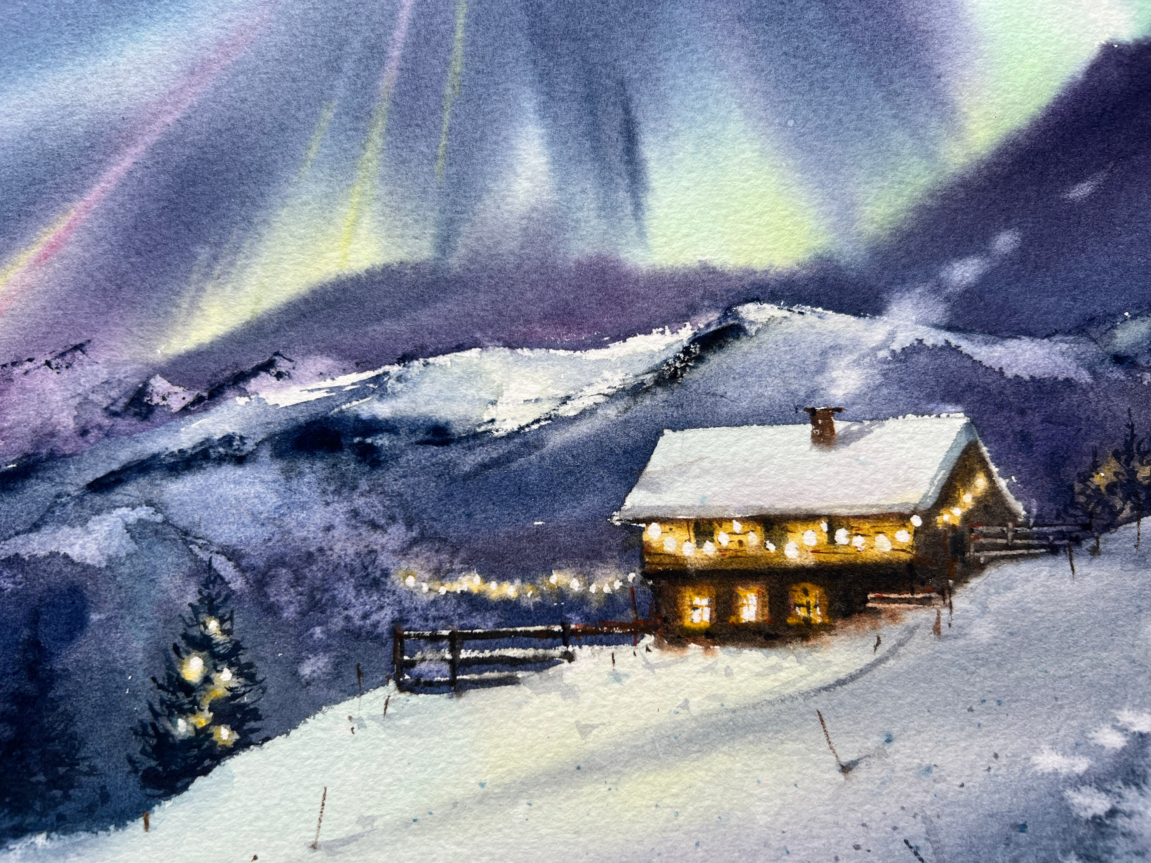 Skater's Cabin Aurora Borealis Watercolor outlets Wash on Print on Bond Paper Juneau Alaska