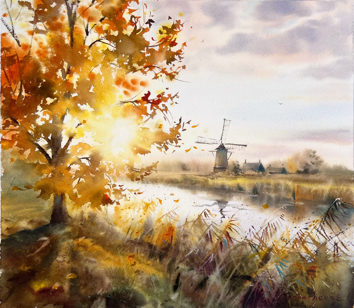 Autumn Watercolor Landscape, Windmill Painting, Original Fall Art, Whispers of Autumn 12x14