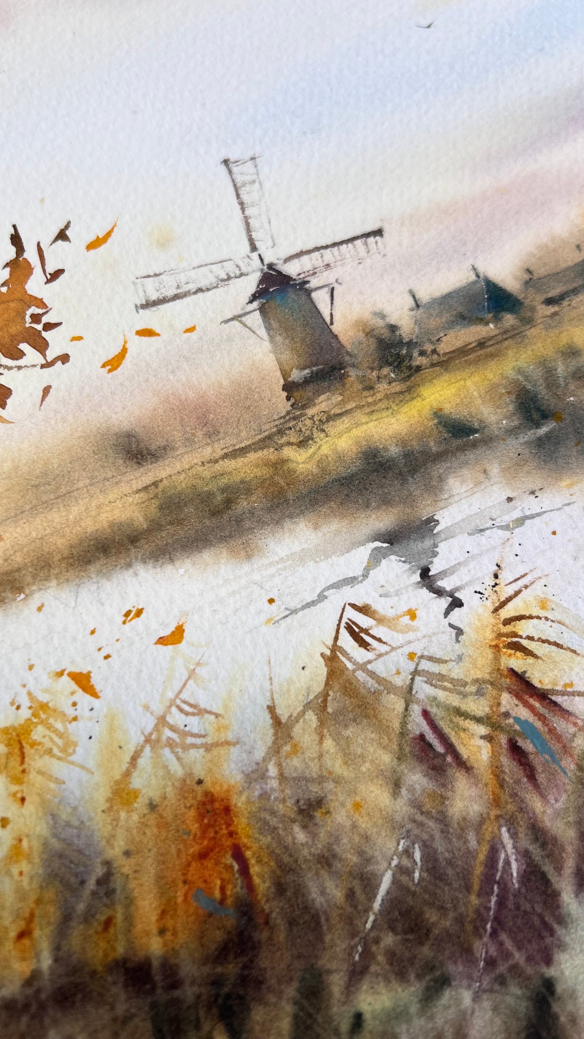 Autumn Watercolor Landscape, Windmill Painting, Original Fall Art, Whispers of Autumn 12x14