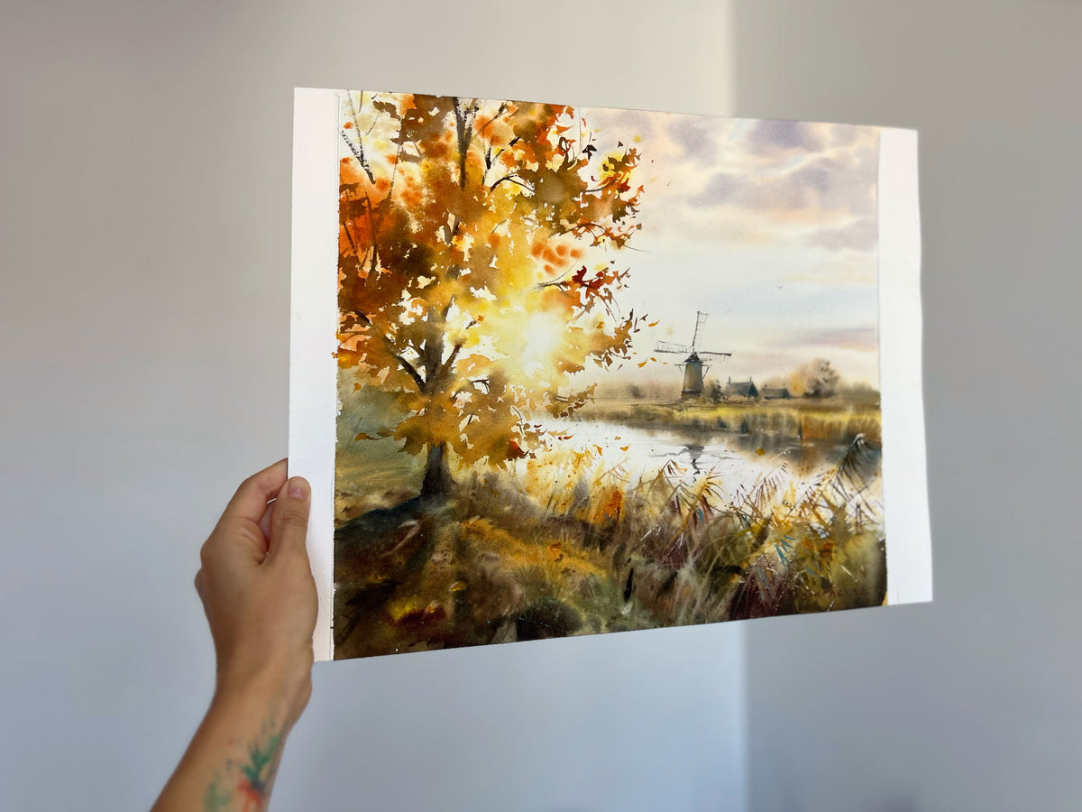 Autumn Watercolor Landscape, Windmill Painting, Original Fall Art, Whispers of Autumn 12x14