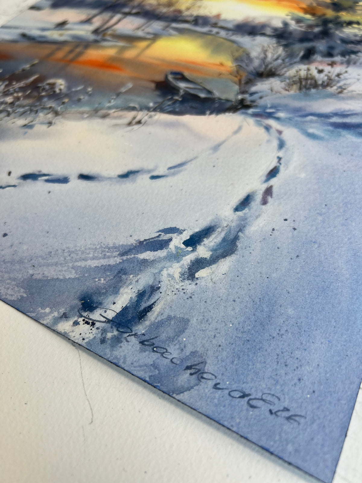 Winter River Watercolor Painting, Snowy Landscape Art, Winter's Golden Breath 12x16