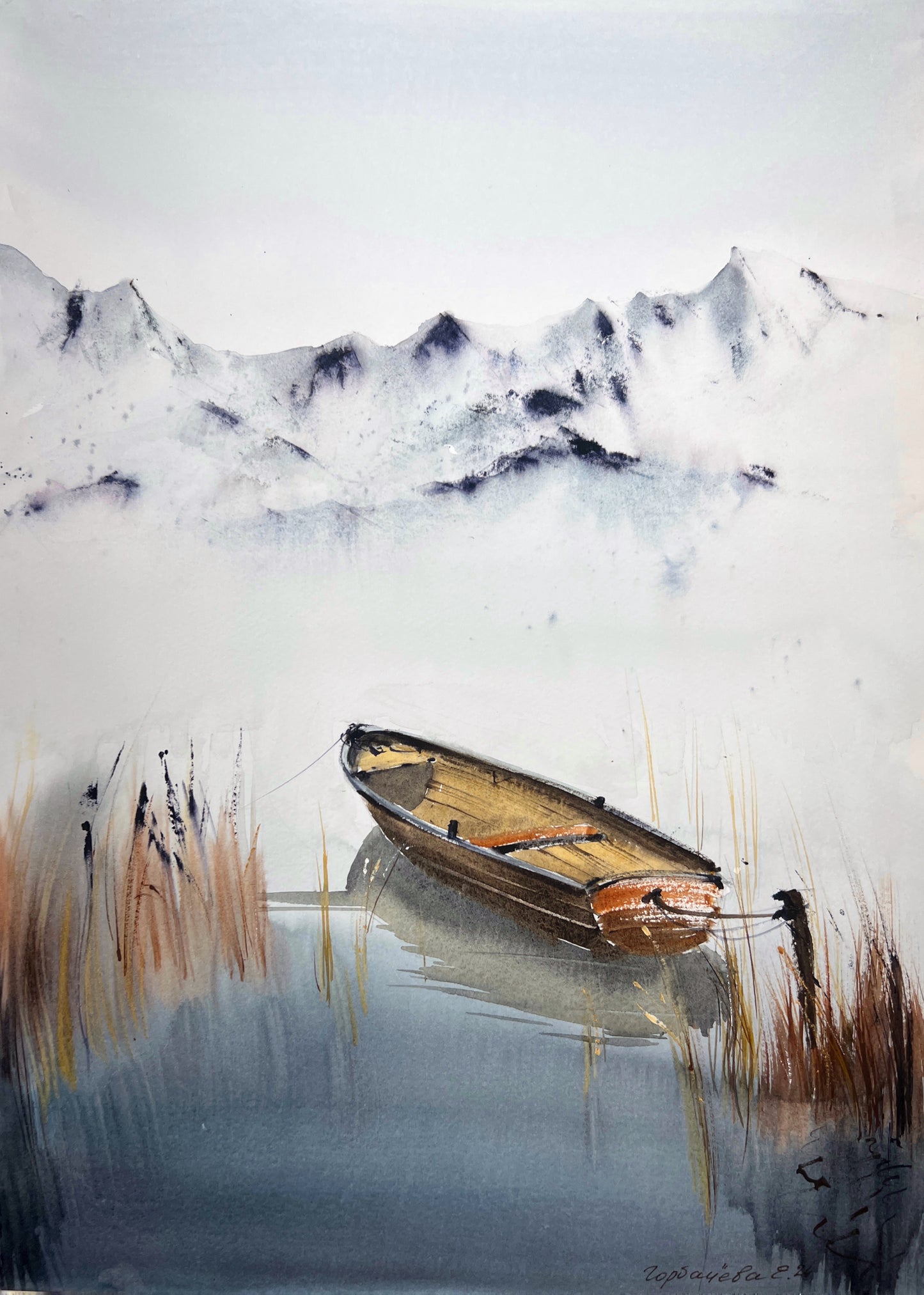 Original Watercolor Painting - 'Boat on a Mountain Lake #2' Featuring Fall Landscape & Snowy Mountains