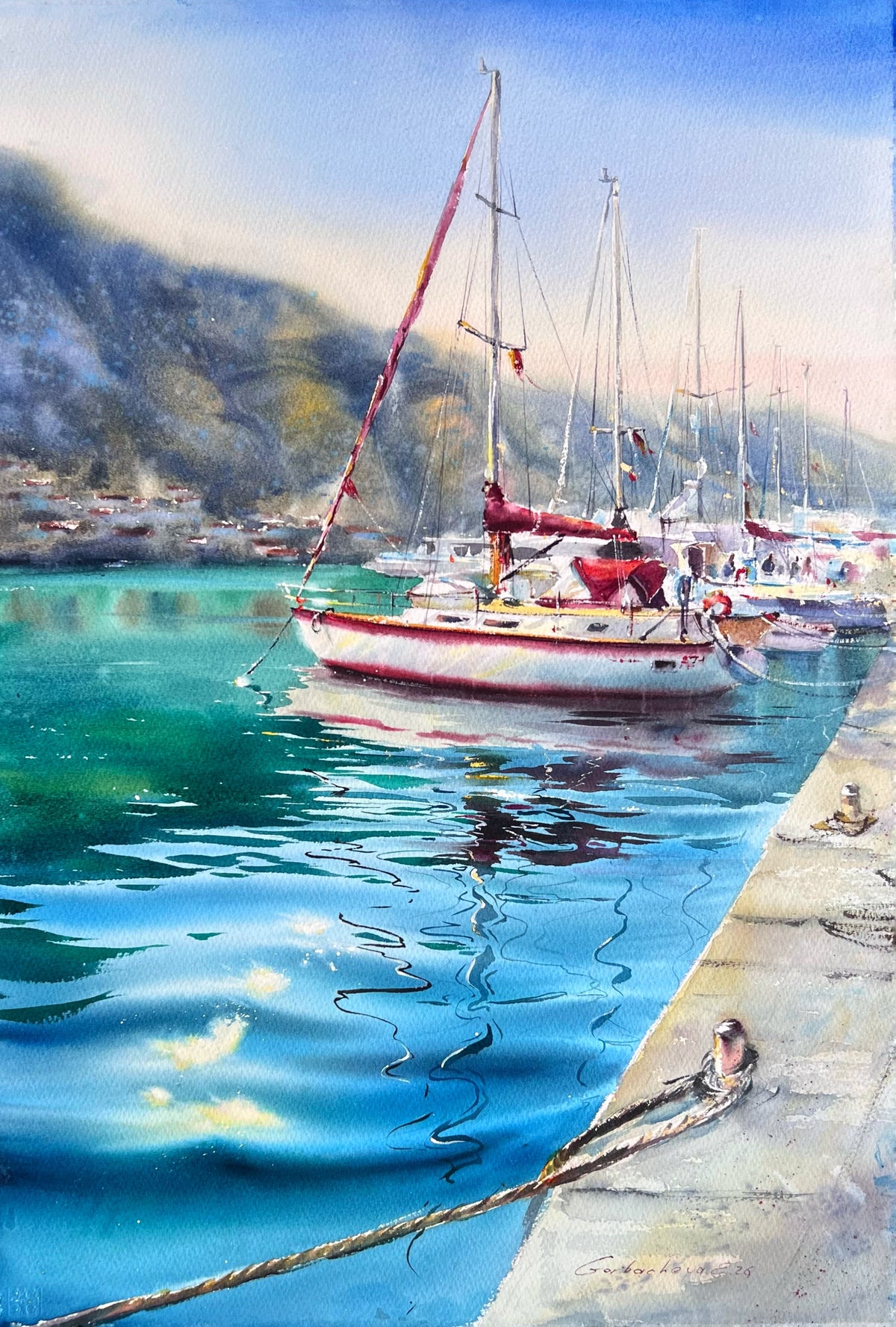 Sailboat Watercolor Painting, Coastal Marina Artwork, Waiting for the Wind #2 15x22 (Copy)