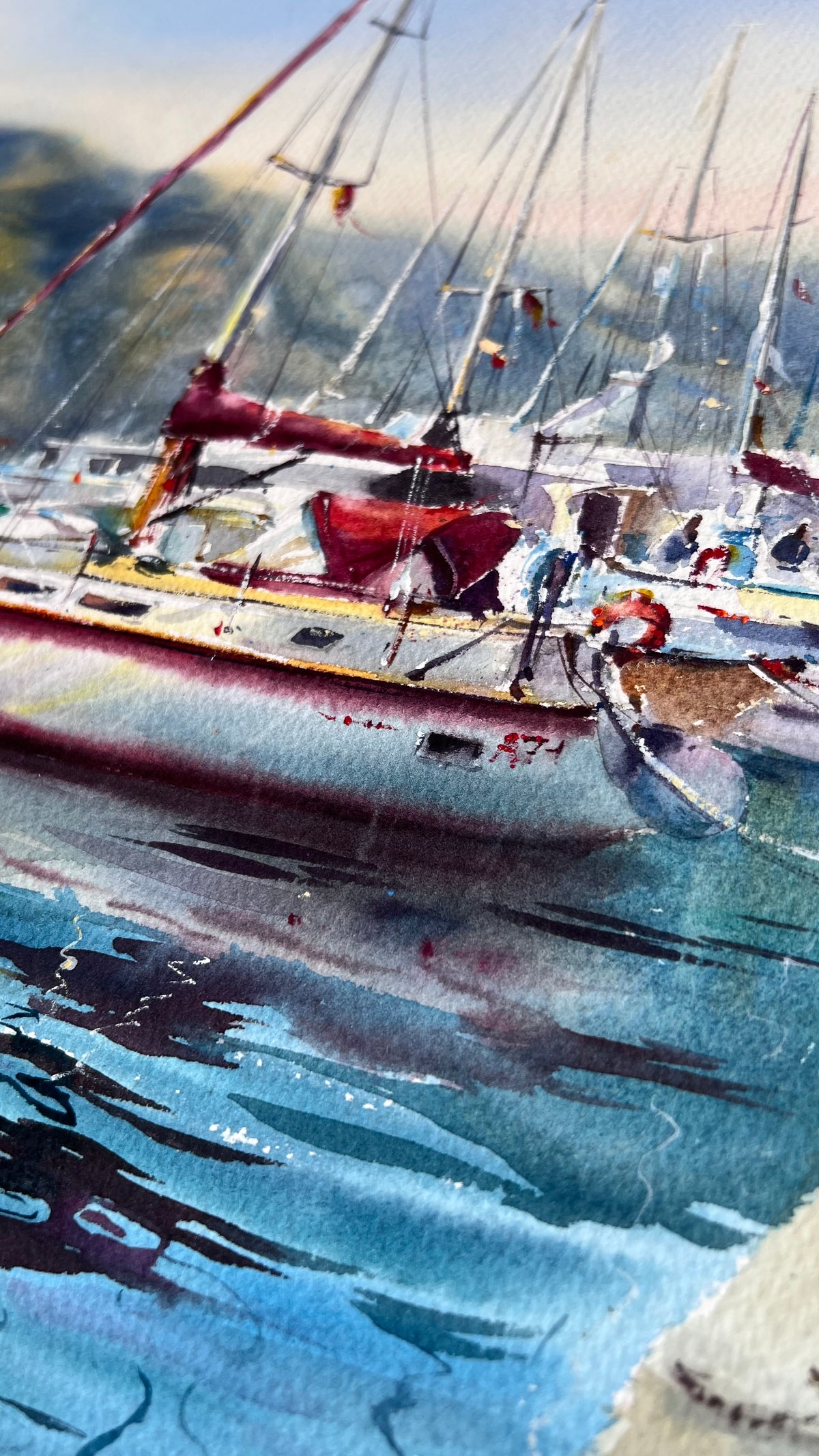 Sailboat Watercolor Painting, Coastal Marina Artwork, Waiting for the Wind #2 15x22 (Copy)