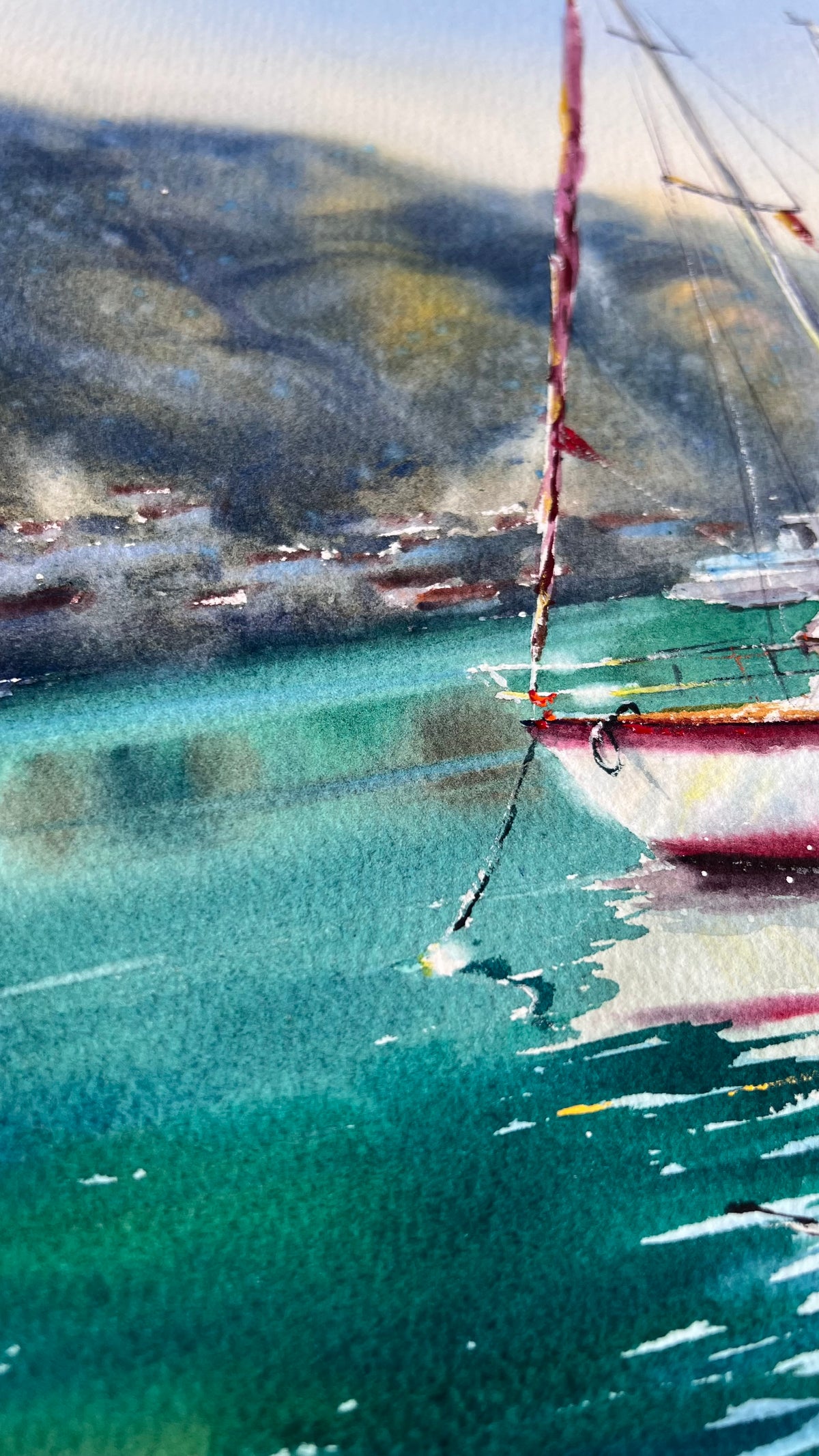 Sailboat Watercolor Painting, Coastal Marina Artwork, Waiting for the Wind #2 15x22 (Copy)