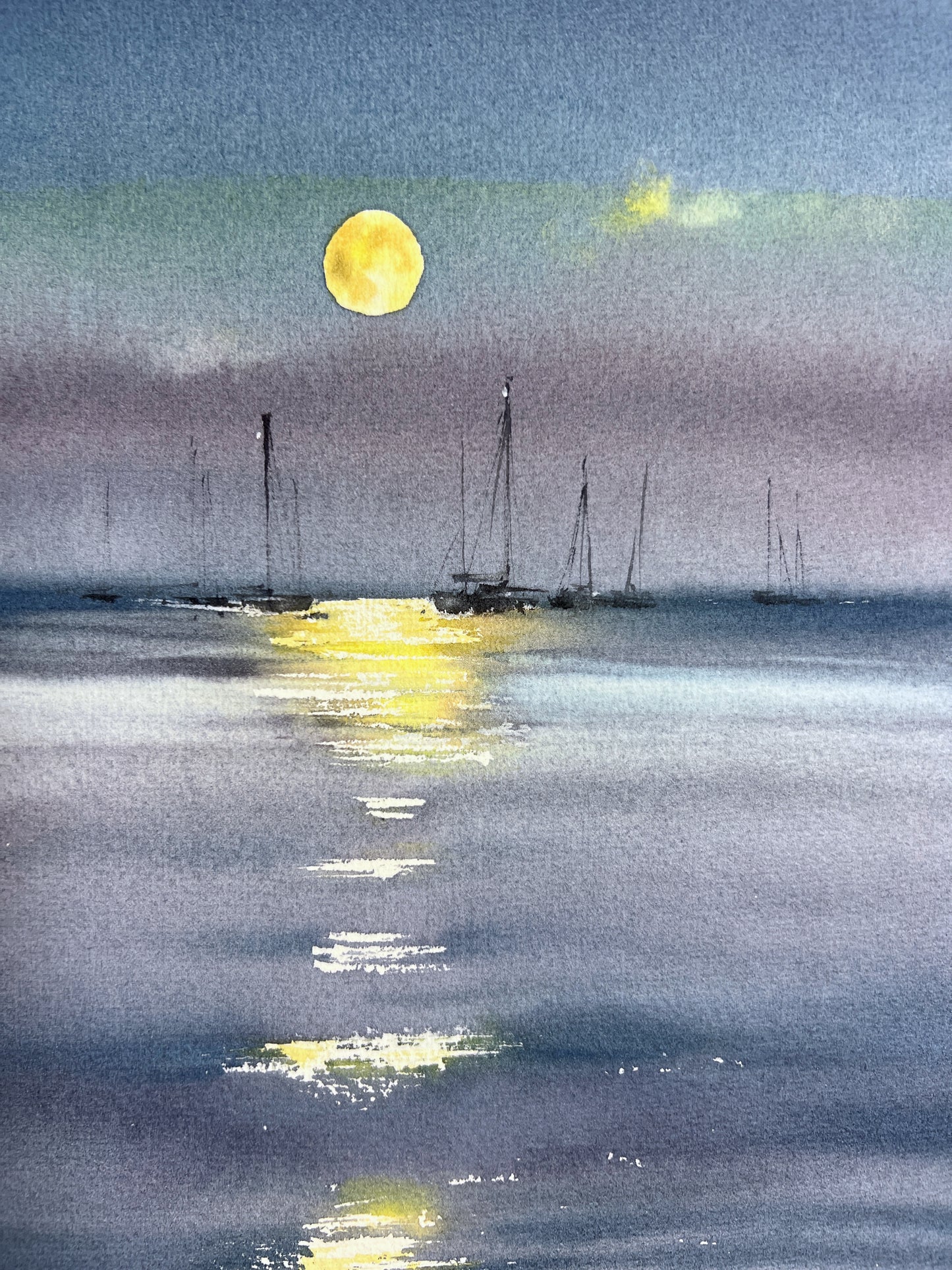 Original Watercolor Painting 'In the Moonlight #14' - Yachts in Lunar Path 9x12 in