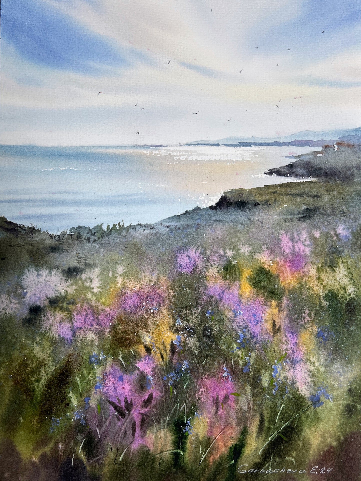 Wildflower Coastal Painting Watercolour Original - Flower coast #2