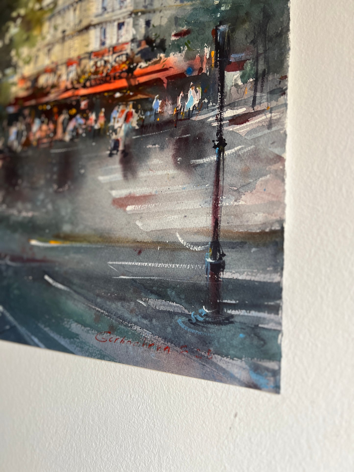 Paris Watercolor Painting French Cafe, Cafe Rouge Memories 15x20