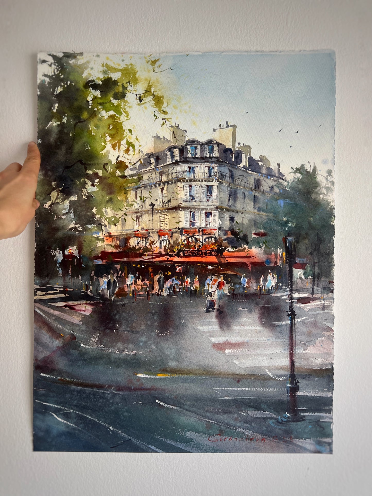 Paris Watercolor Painting French Cafe, Cafe Rouge Memories 15x20