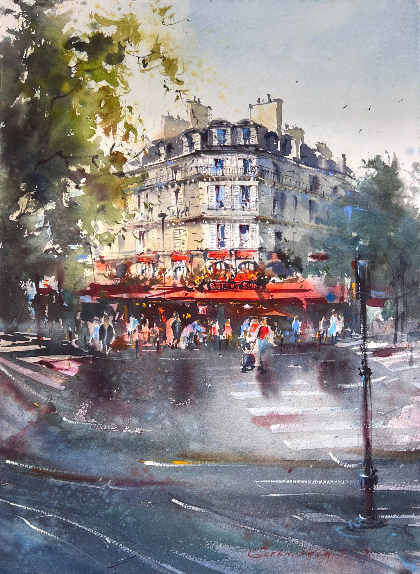 Paris Watercolor Painting French Cafe, Cafe Rouge Memories 15x20