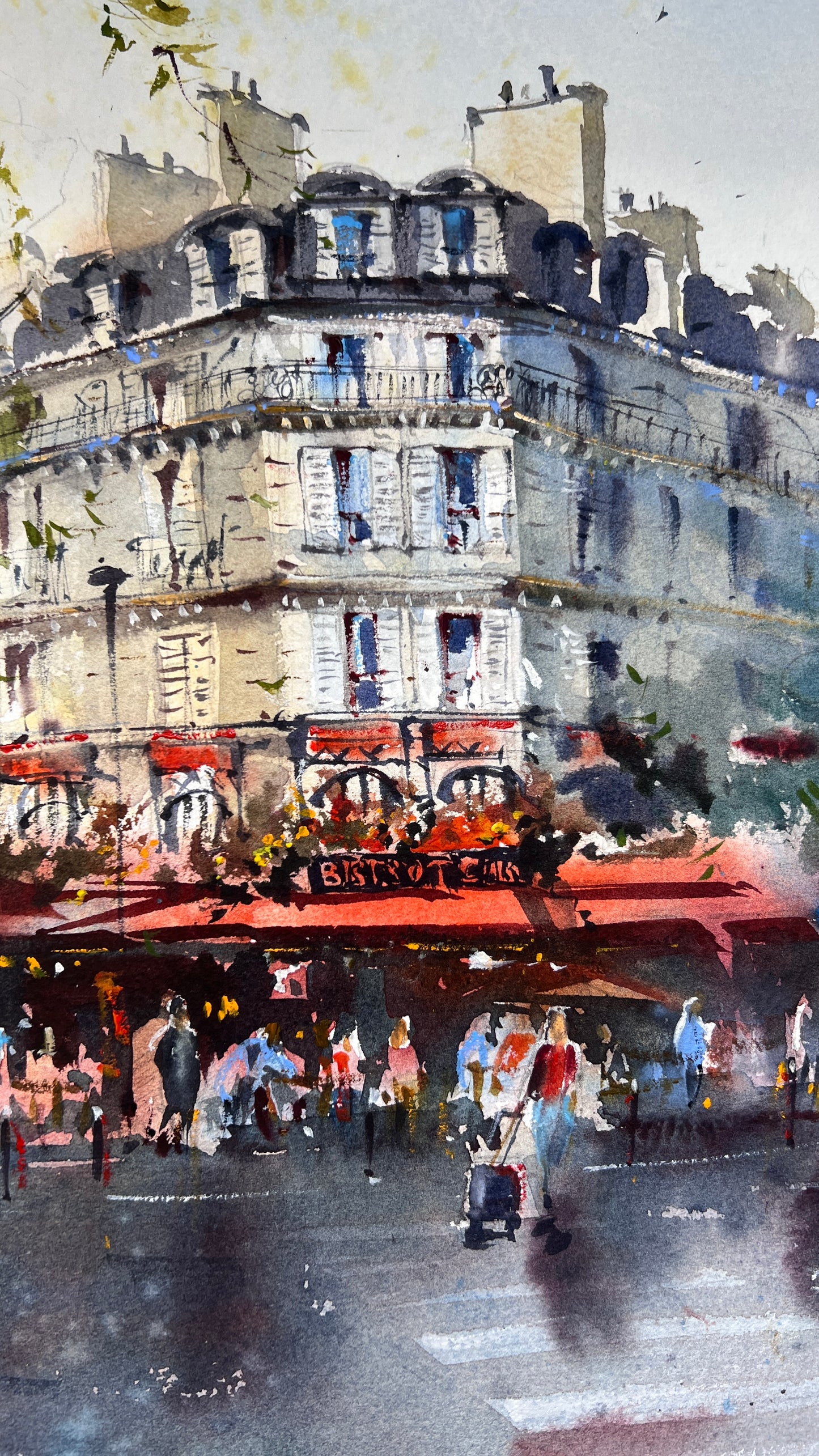 Paris Watercolor Painting French Cafe, Cafe Rouge Memories 15x20