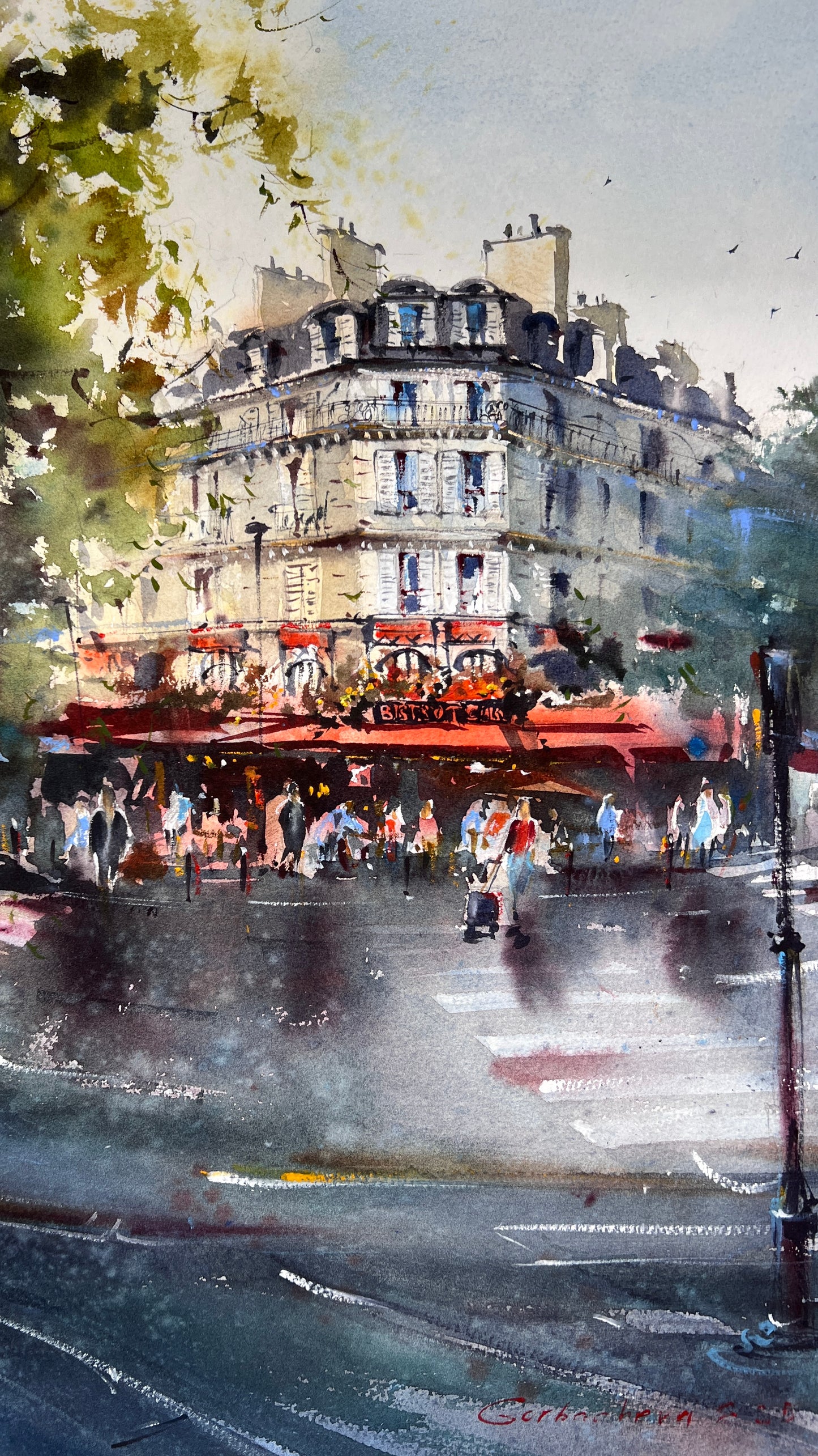 Paris Watercolor Painting French Cafe, Cafe Rouge Memories 15x20