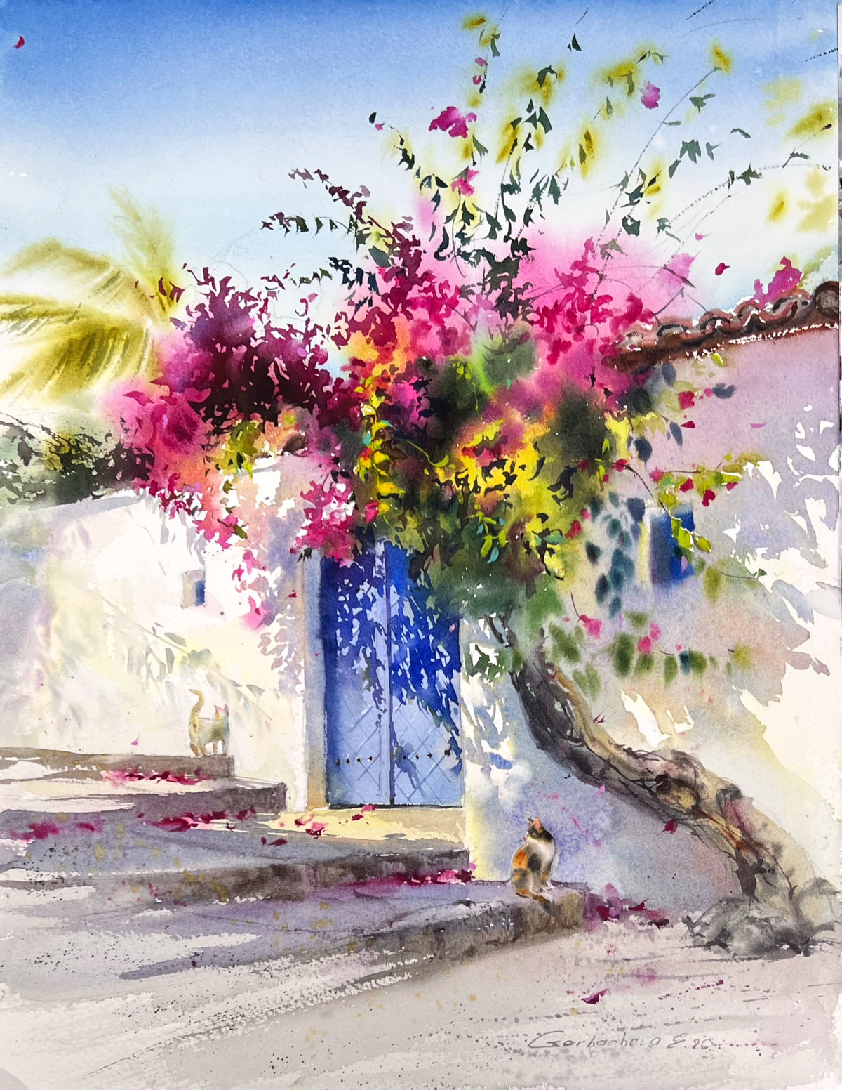 Mediterranean Watercolor Painting, Bougainvillea Art, Where Bougainvillea Blooms 12x16