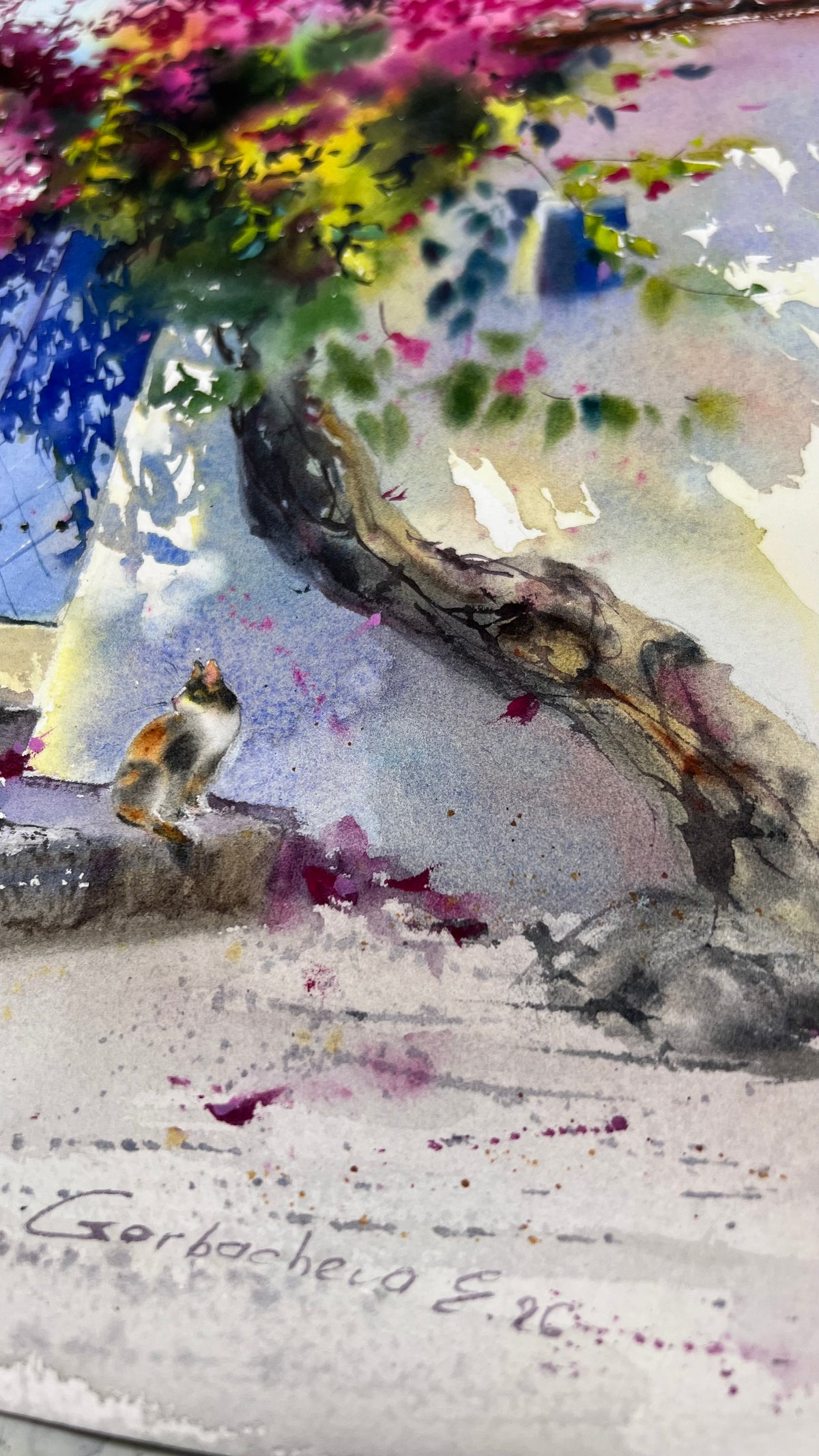Mediterranean Watercolor Painting, Bougainvillea Art, Where Bougainvillea Blooms 12x16