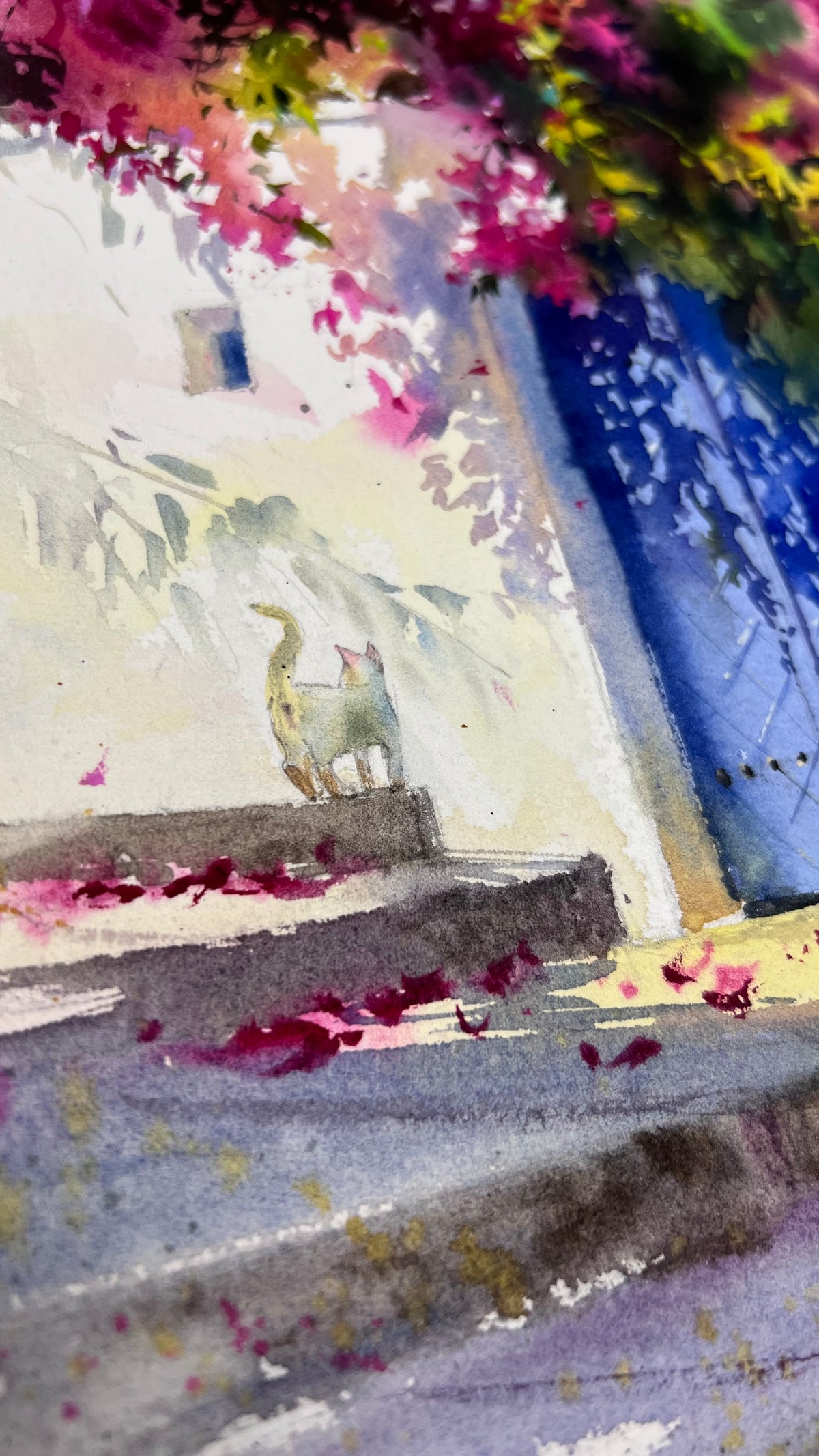 Mediterranean Watercolor Painting, Bougainvillea Art, Where Bougainvillea Blooms 12x16