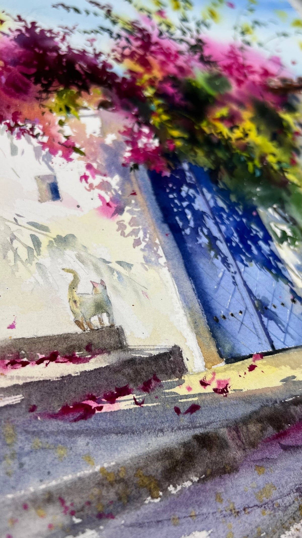 Mediterranean Watercolor Painting, Bougainvillea Art, Where Bougainvillea Blooms 12x16