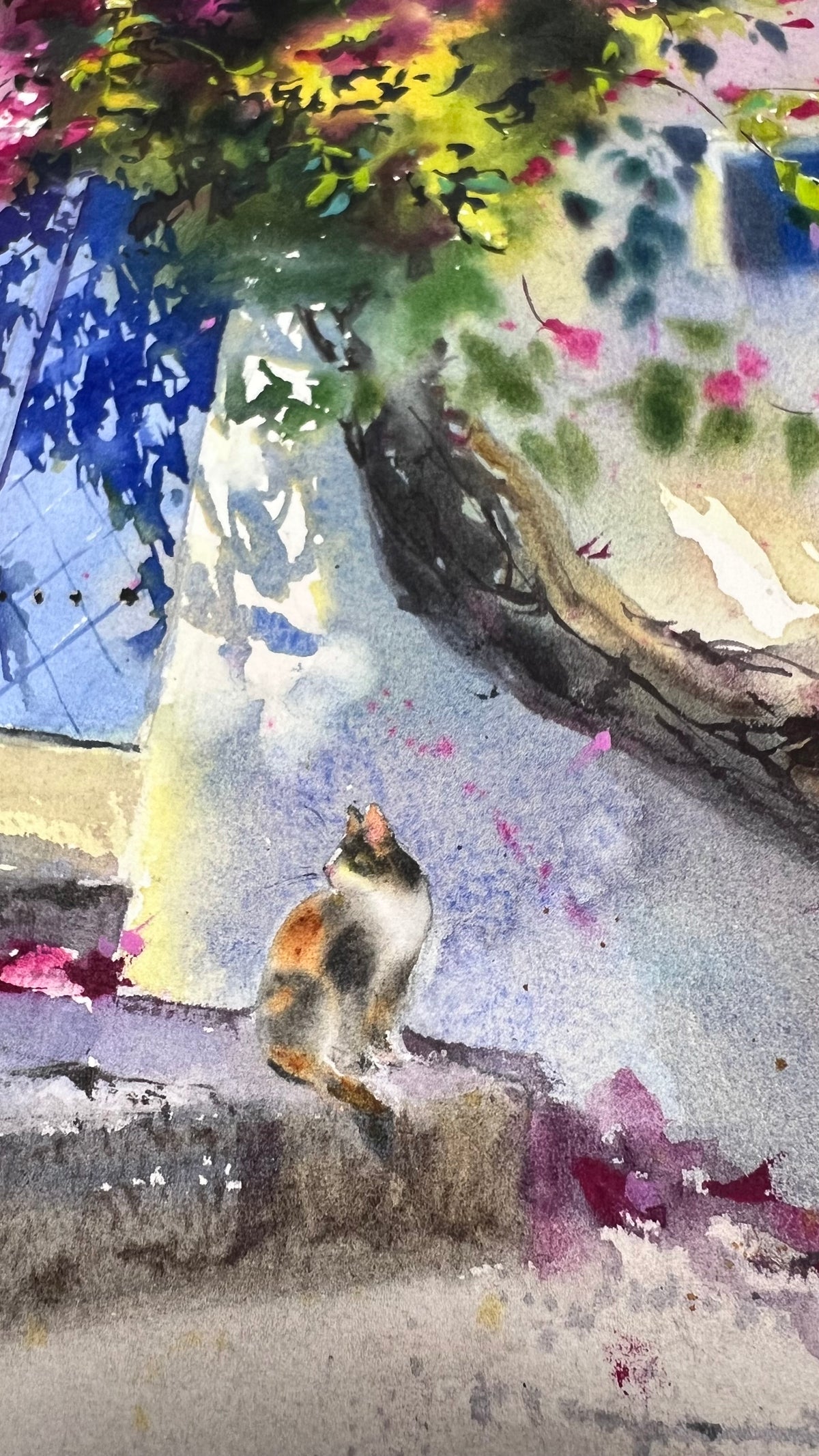 Mediterranean Watercolor Painting, Bougainvillea Art, Where Bougainvillea Blooms 12x16