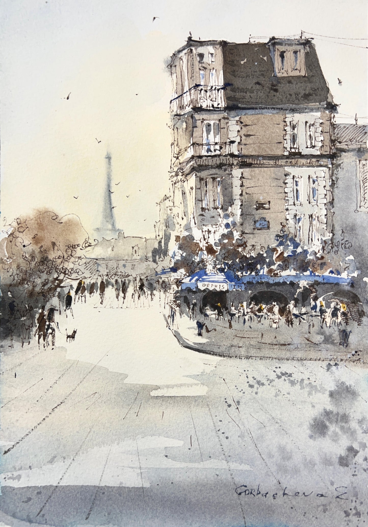 Charming Watercolor Art of Parisian Streets & Eiffel Tower - Original Painting