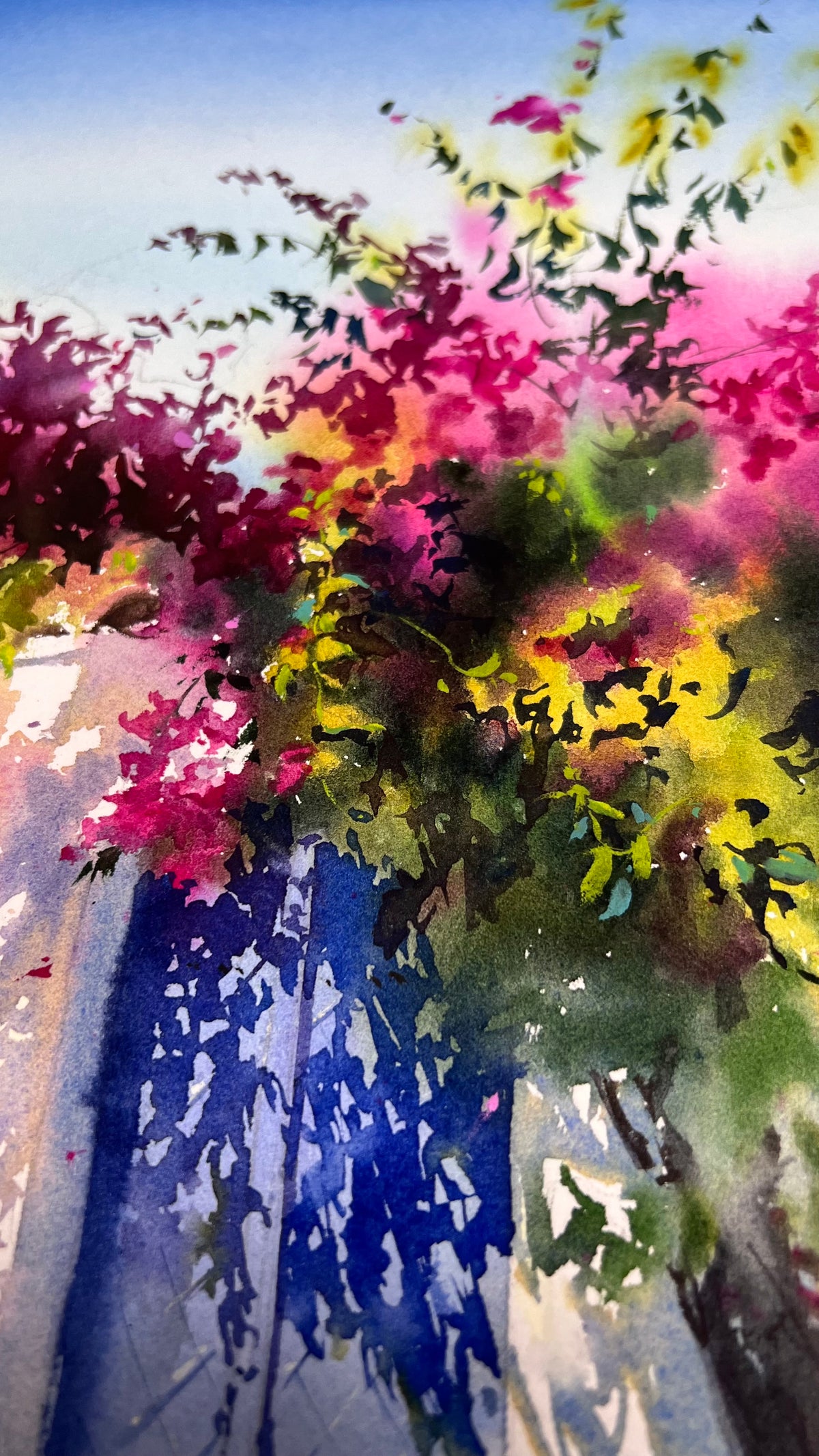Mediterranean Watercolor Painting, Bougainvillea Art, Where Bougainvillea Blooms 12x16