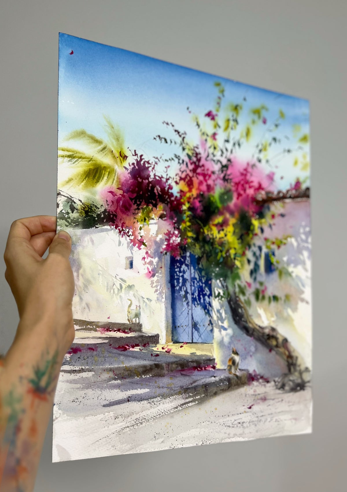 Mediterranean Watercolor Painting, Bougainvillea Art, Where Bougainvillea Blooms 12x16