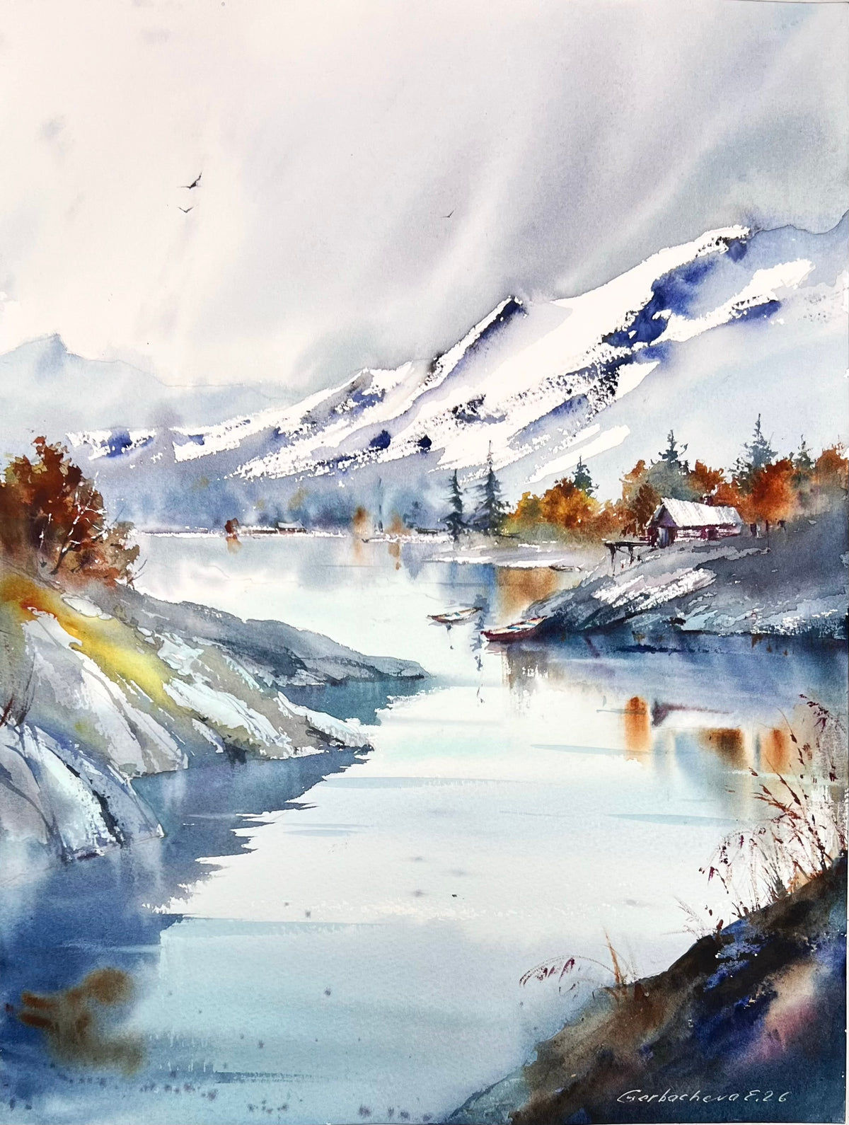 Mountain Lake Watercolor Painting, Snowy Mountain Landscape Art, Echoes of a Mountain Lake 12x16