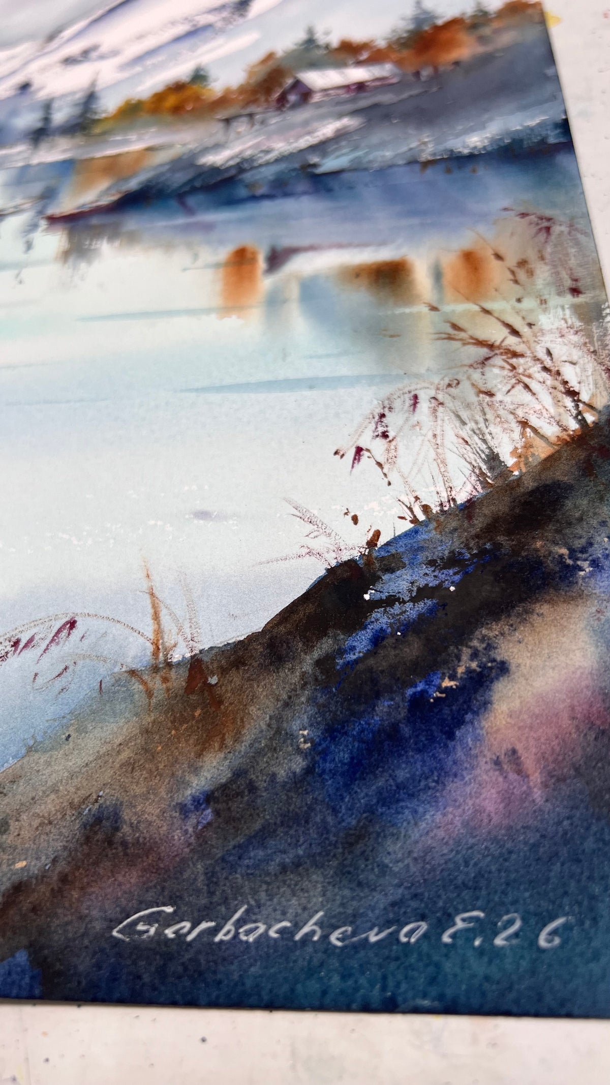 Mountain Lake Watercolor Painting, Snowy Mountain Landscape Art, Echoes of a Mountain Lake 12x16