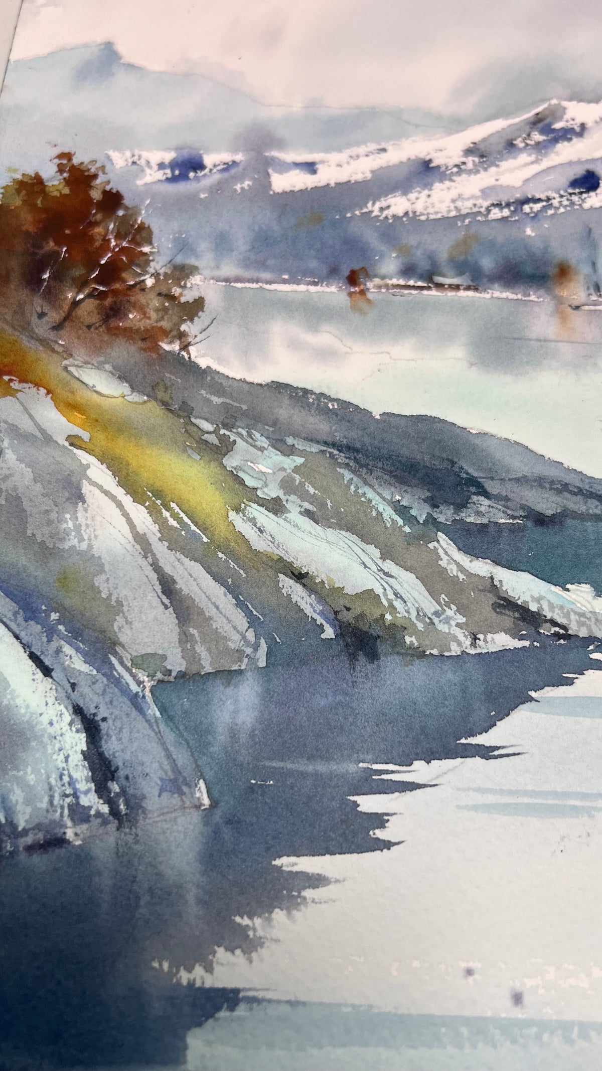 Mountain Lake Watercolor Painting, Snowy Mountain Landscape Art, Echoes of a Mountain Lake 12x16
