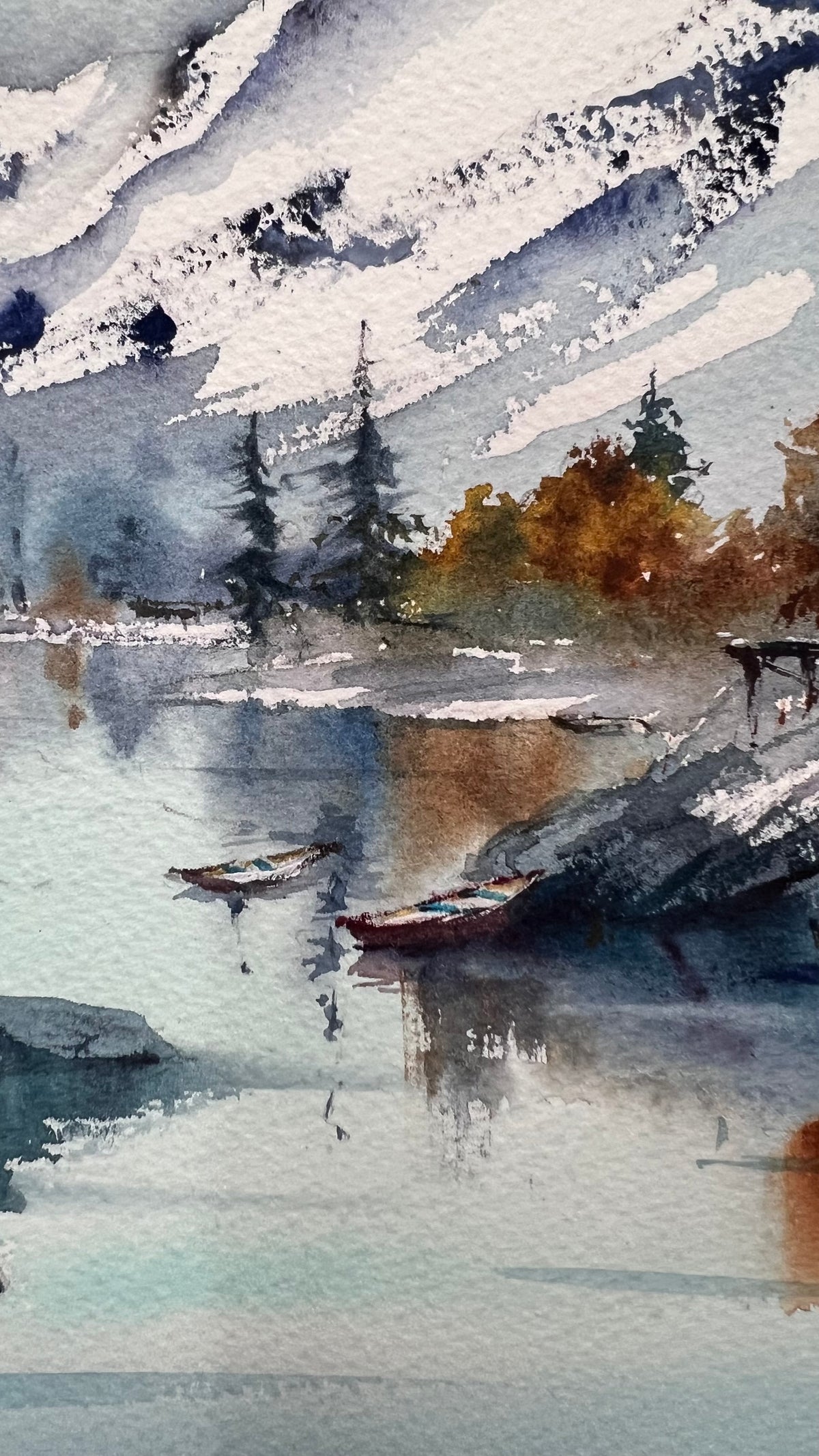 Mountain Lake Watercolor Painting, Snowy Mountain Landscape Art, Echoes of a Mountain Lake 12x16