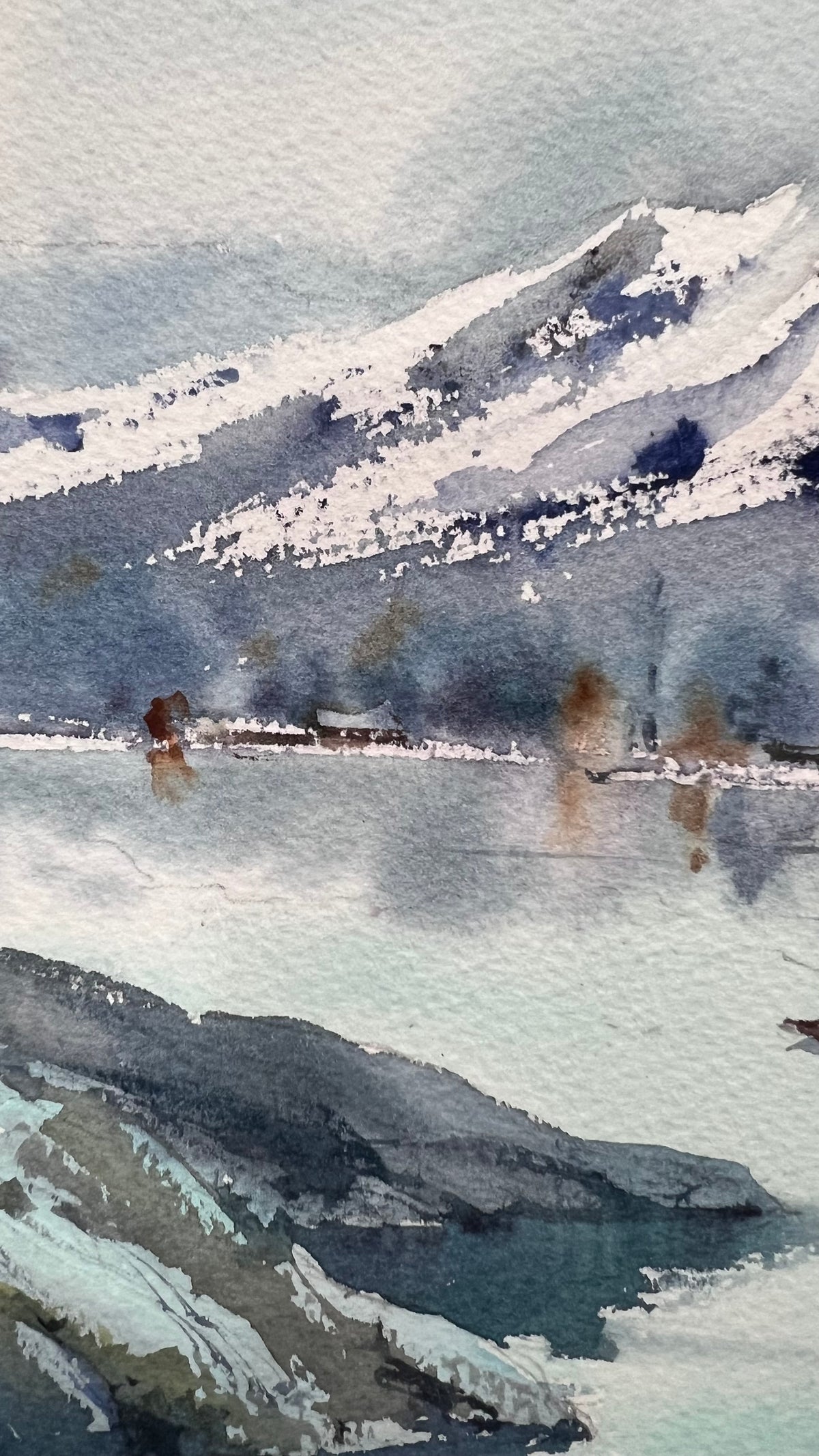 Mountain Lake Watercolor Painting, Snowy Mountain Landscape Art, Echoes of a Mountain Lake 12x16