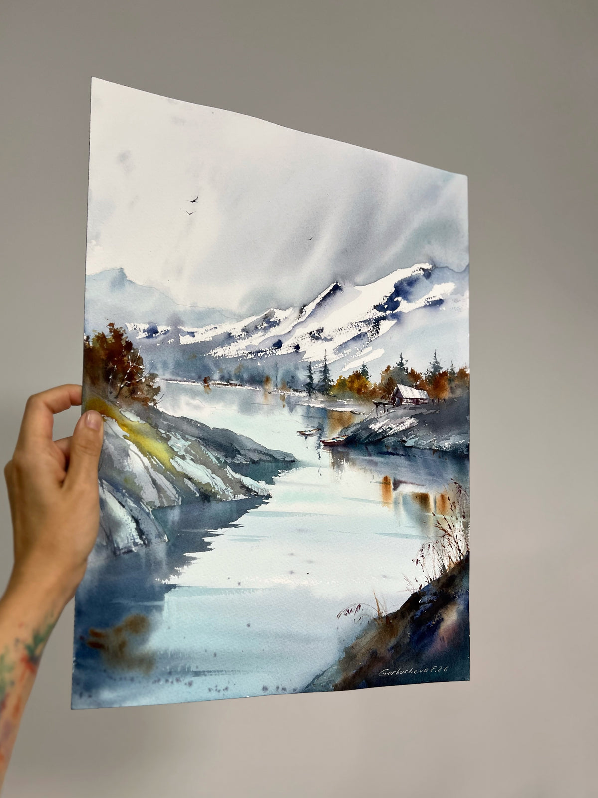Mountain Lake Watercolor Painting, Snowy Mountain Landscape Art, Echoes of a Mountain Lake 12x16