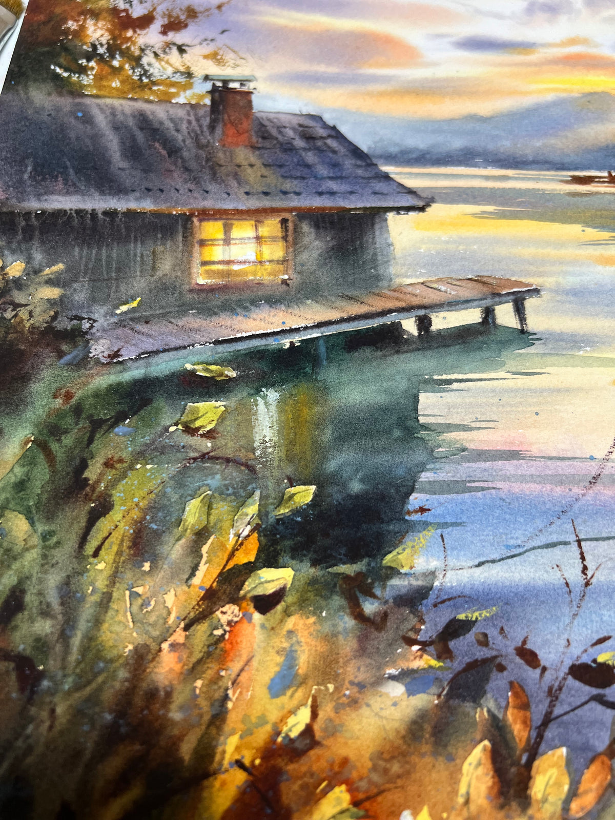 Acuarela de un lago al atardecer, arte original de un paisaje con barco, un barco solitario al atardecer 12x16