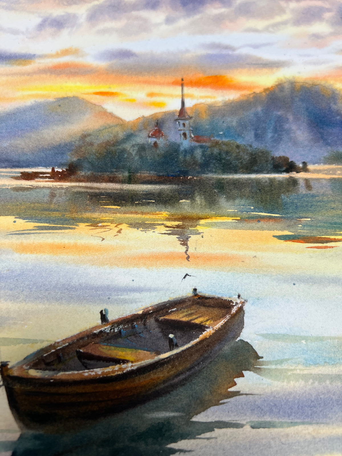 Acuarela de un lago al atardecer, arte original de un paisaje con barco, un barco solitario al atardecer 12x16