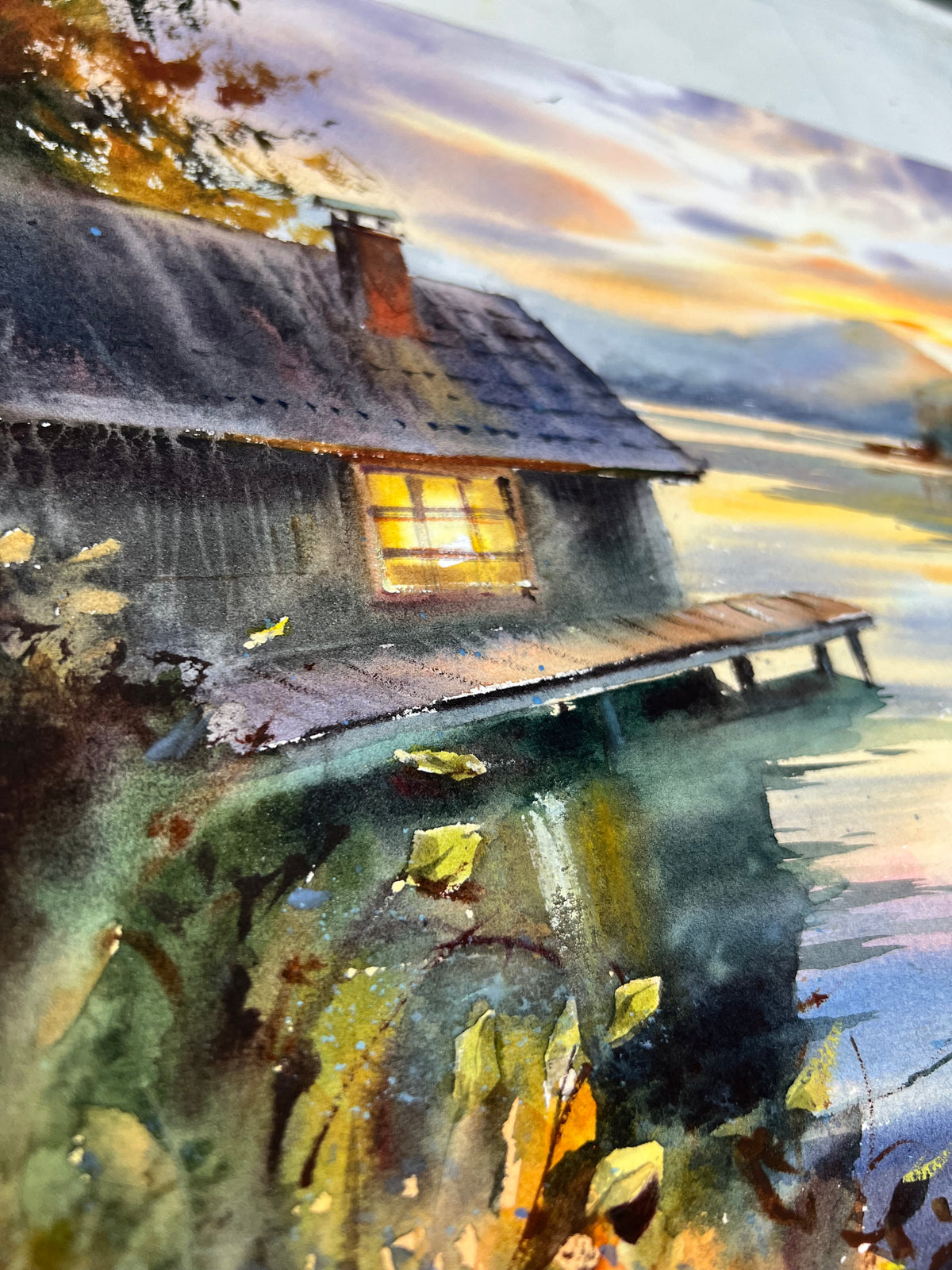 Acuarela de un lago al atardecer, arte original de un paisaje con barco, un barco solitario al atardecer 12x16