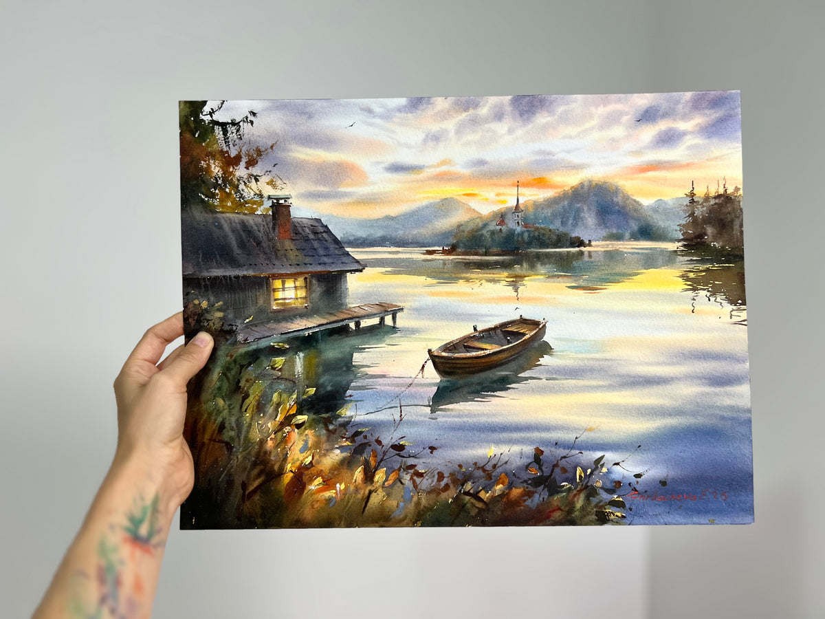 Acuarela de un lago al atardecer, arte original de un paisaje con barco, un barco solitario al atardecer 12x16