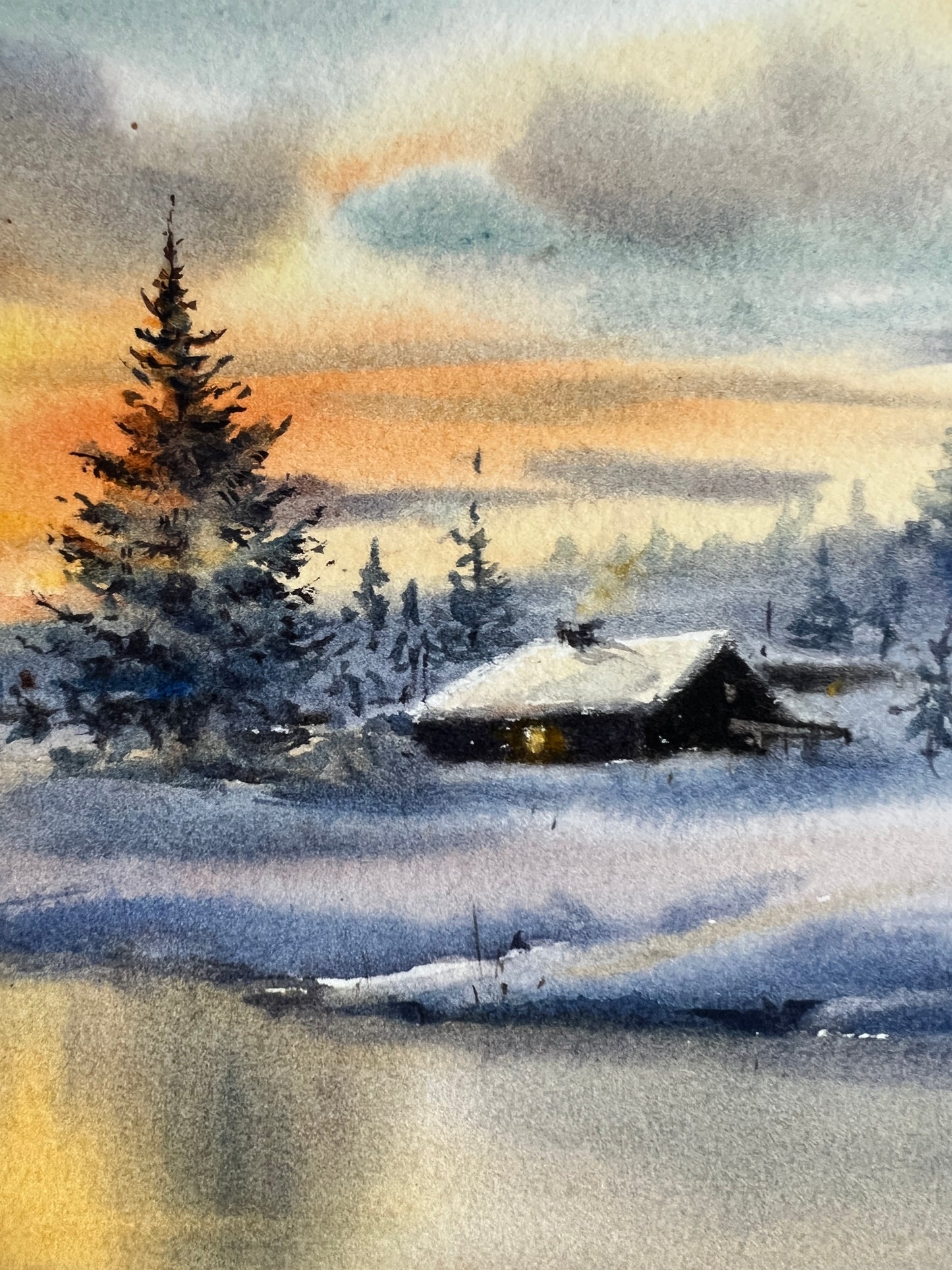 Winter Village Sunset - Original Watercolor Painting of a Snowy Landscape