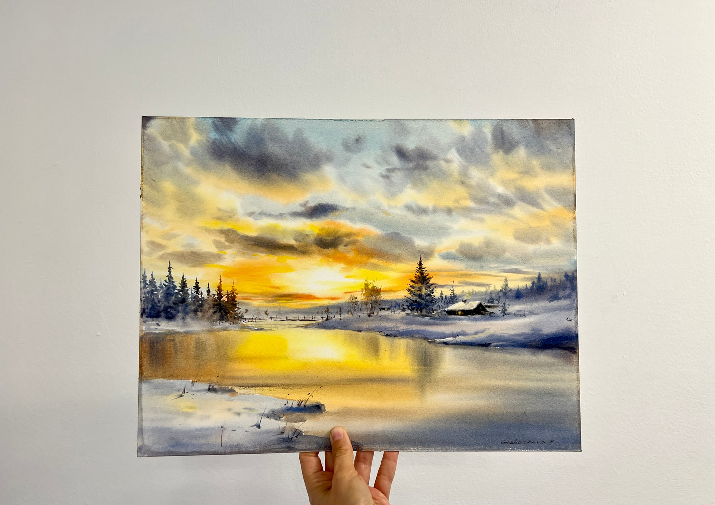 Winter Village Sunset - Original Watercolor Painting of a Snowy Landscape