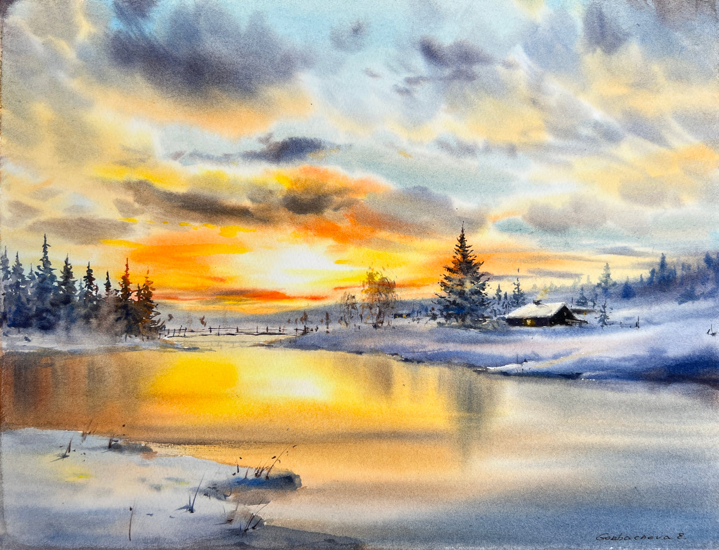 Winter Village Sunset - Original Watercolor Painting of a Snowy Landscape