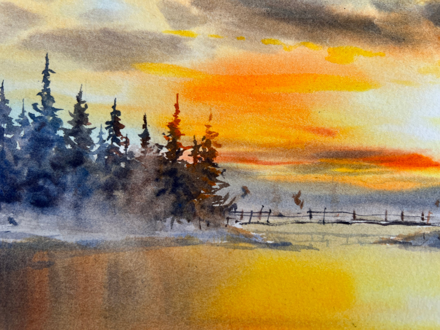 Winter Village Sunset - Original Watercolor Painting of a Snowy Landscape