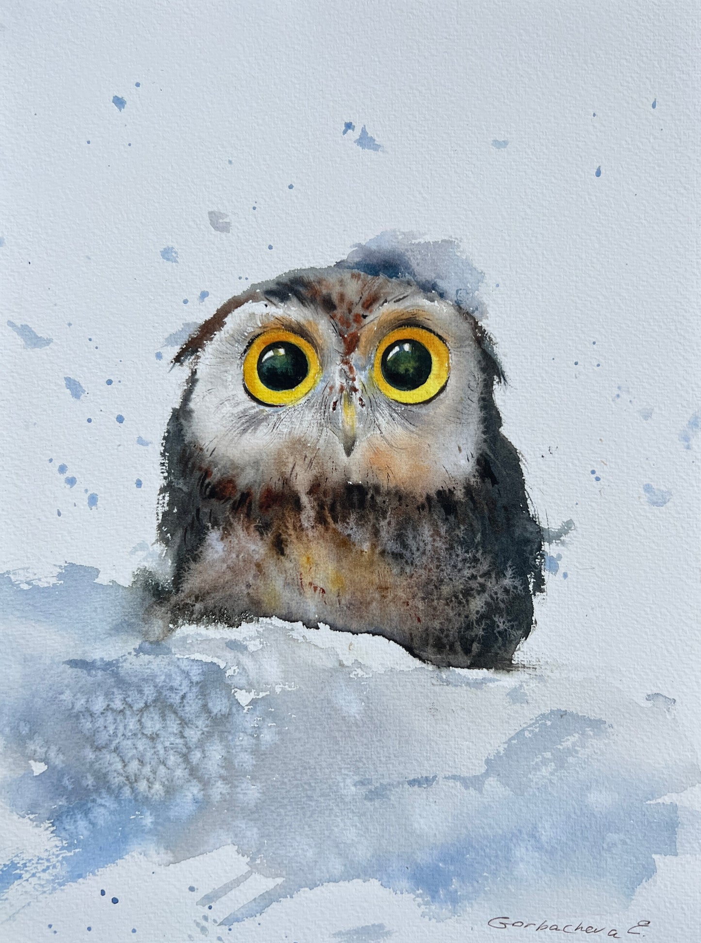 Charming Original Watercolor "Owlet in Snowdrift" – Ideal Holiday Gift for Bird Lovers