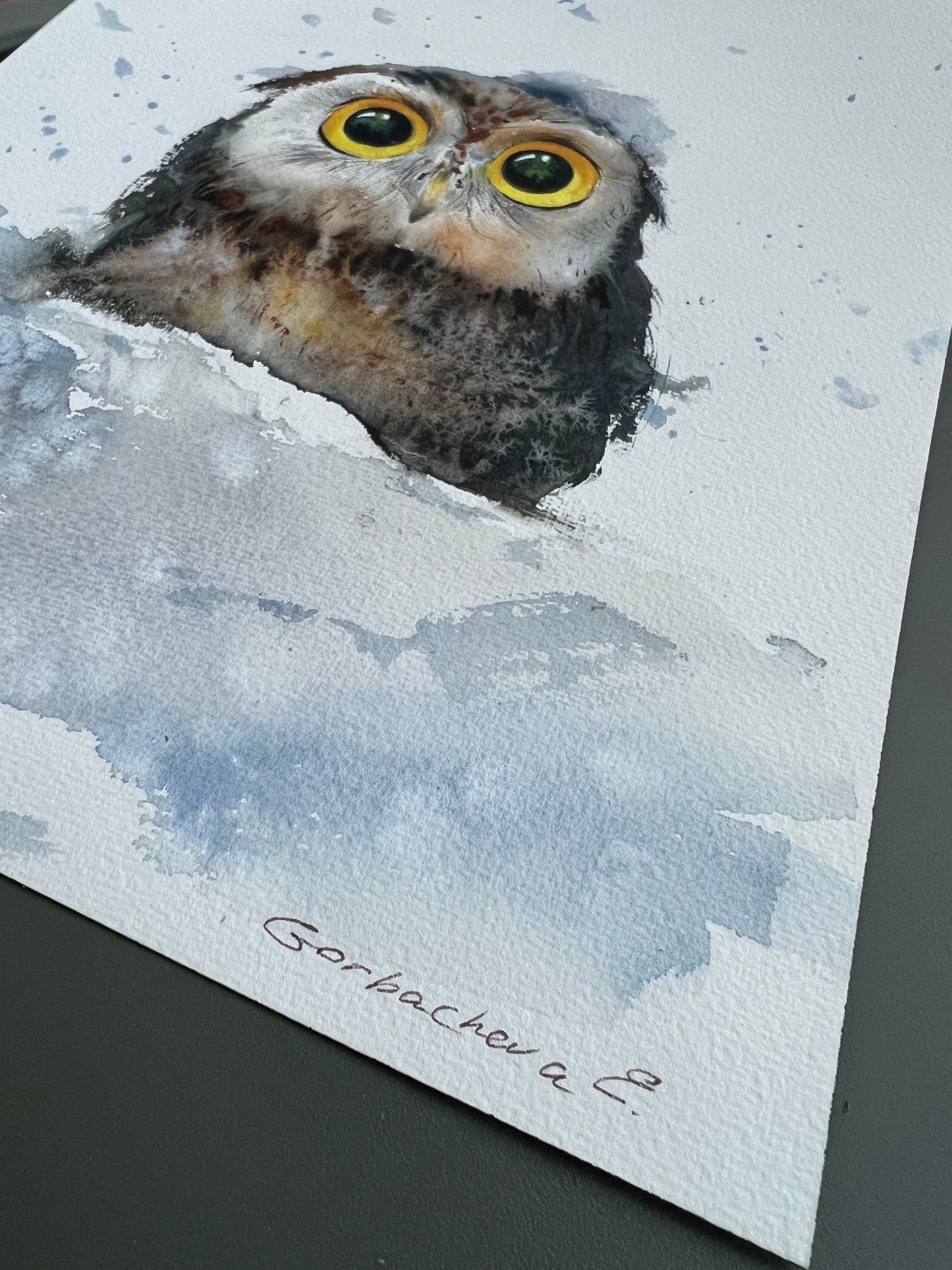 Charming Original Watercolor "Owlet in Snowdrift" – Ideal Holiday Gift for Bird Lovers